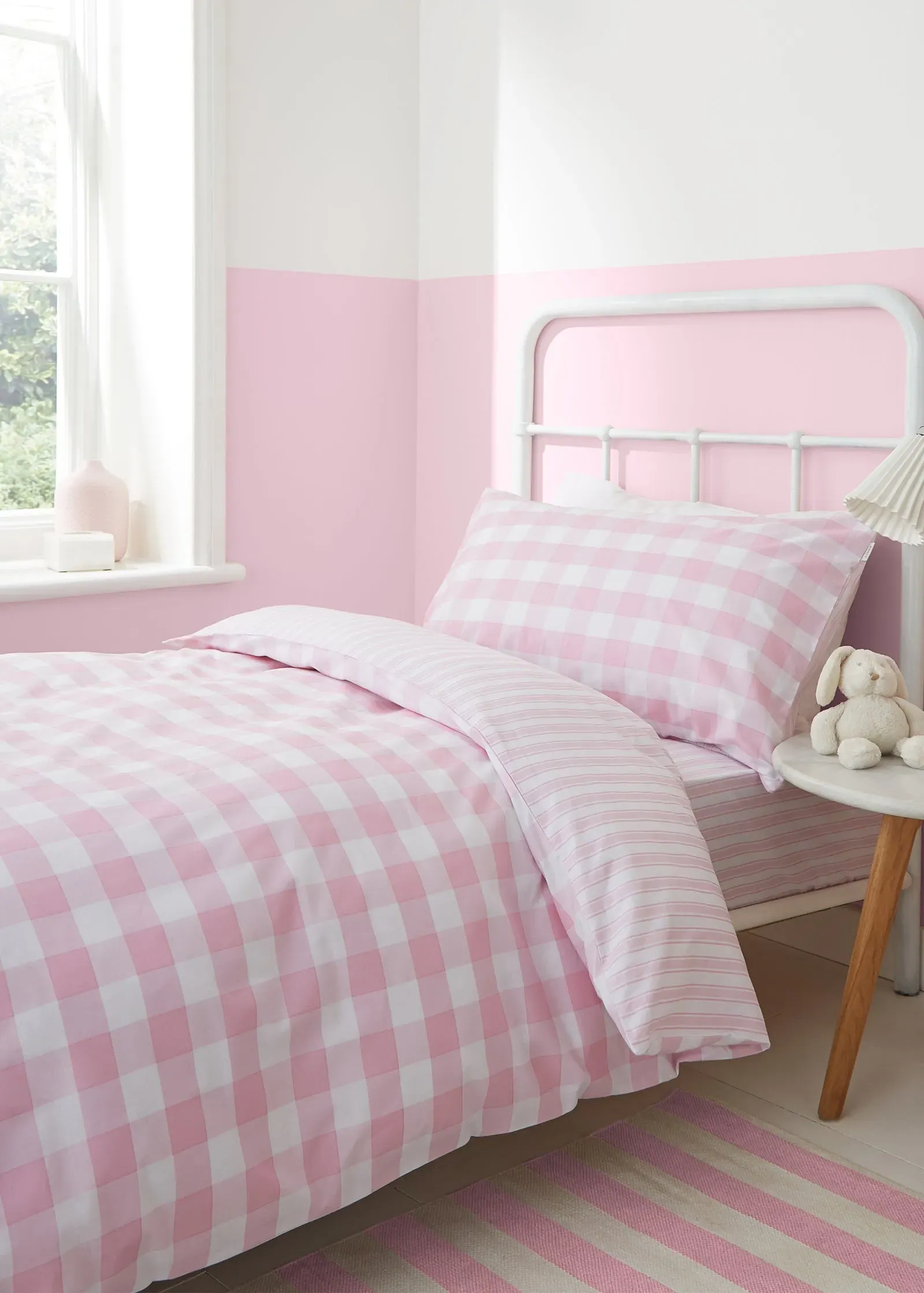 Check and Stripe Single Reversible Duvet Cover Set - Pink, Cotton product