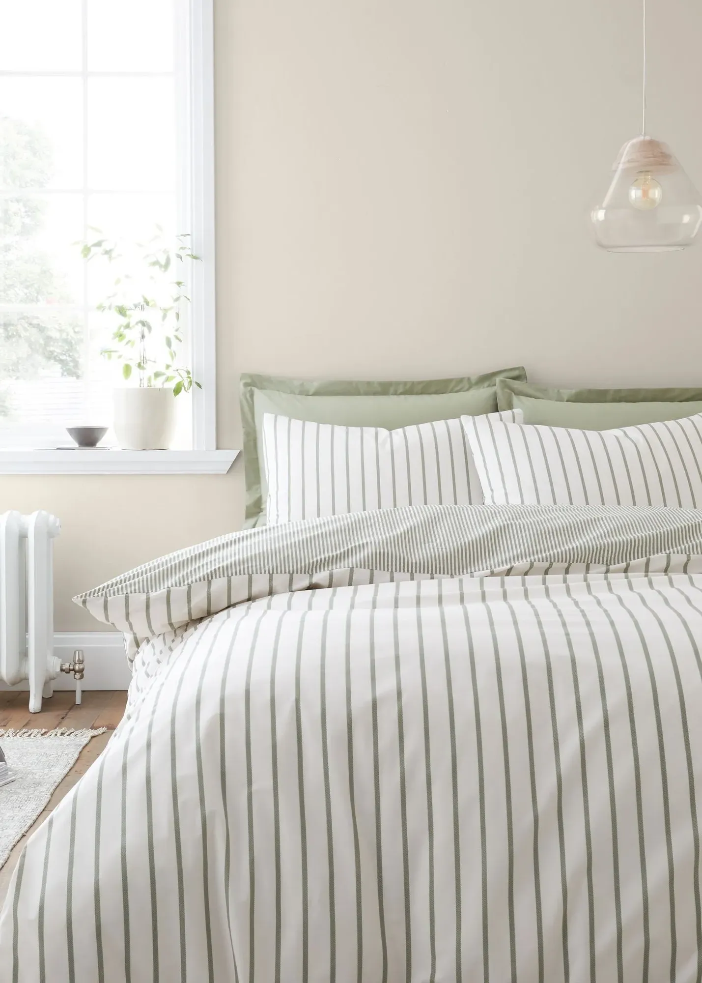 Hampton Stripe Single Reversible Duvet Cover Set - Green, Cotton product