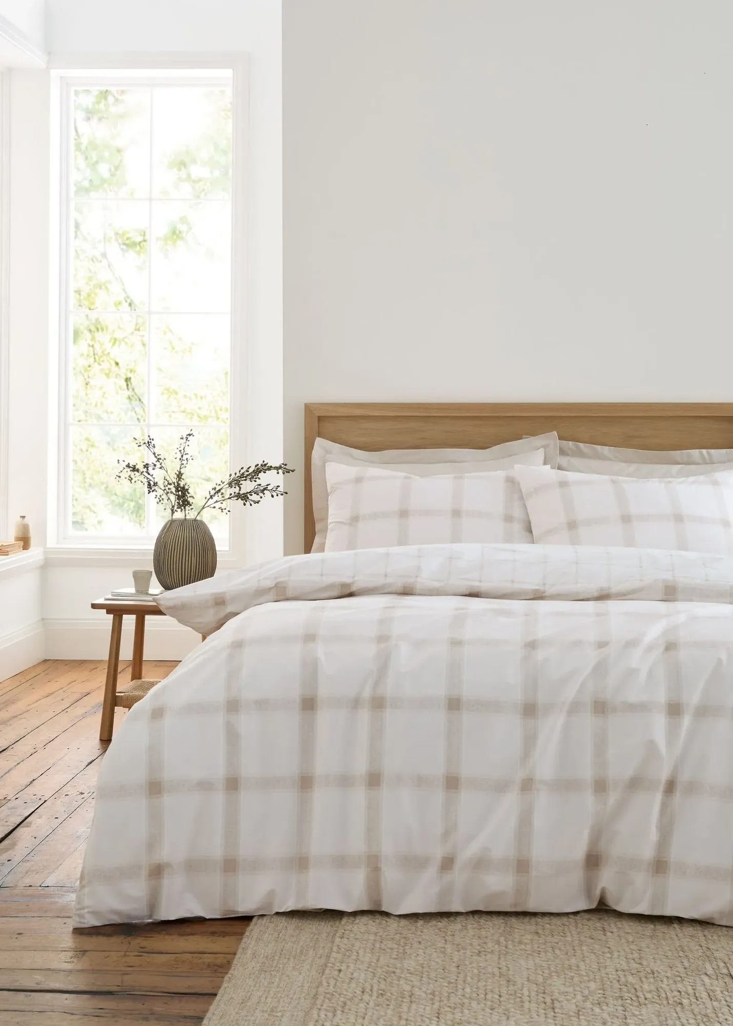 Oxton Check Super King Size Reversible Duvet Cover Set - Natural, Cotton product