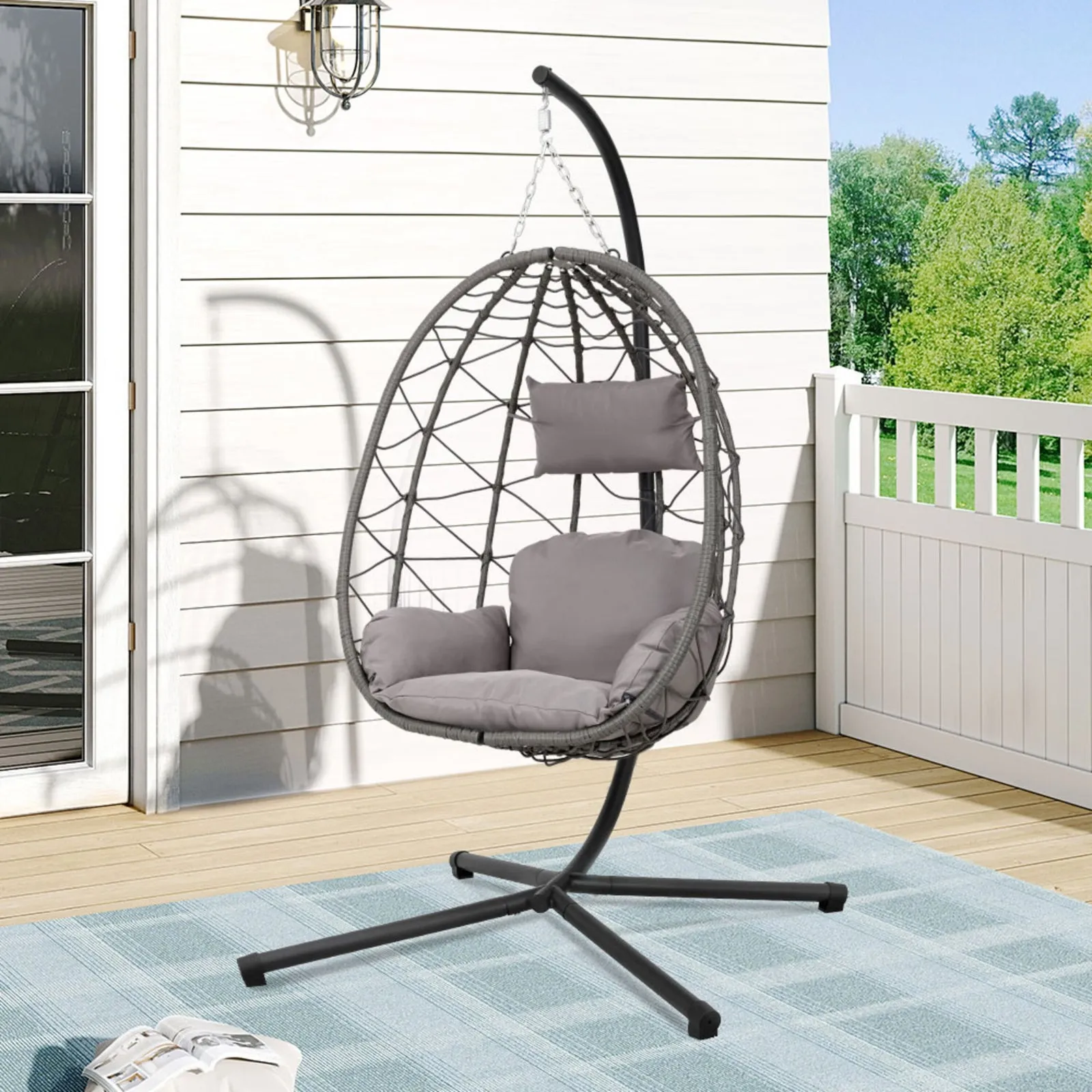 Swing Egg Chair with Stand & Cushion - Grey, PE Rattan product