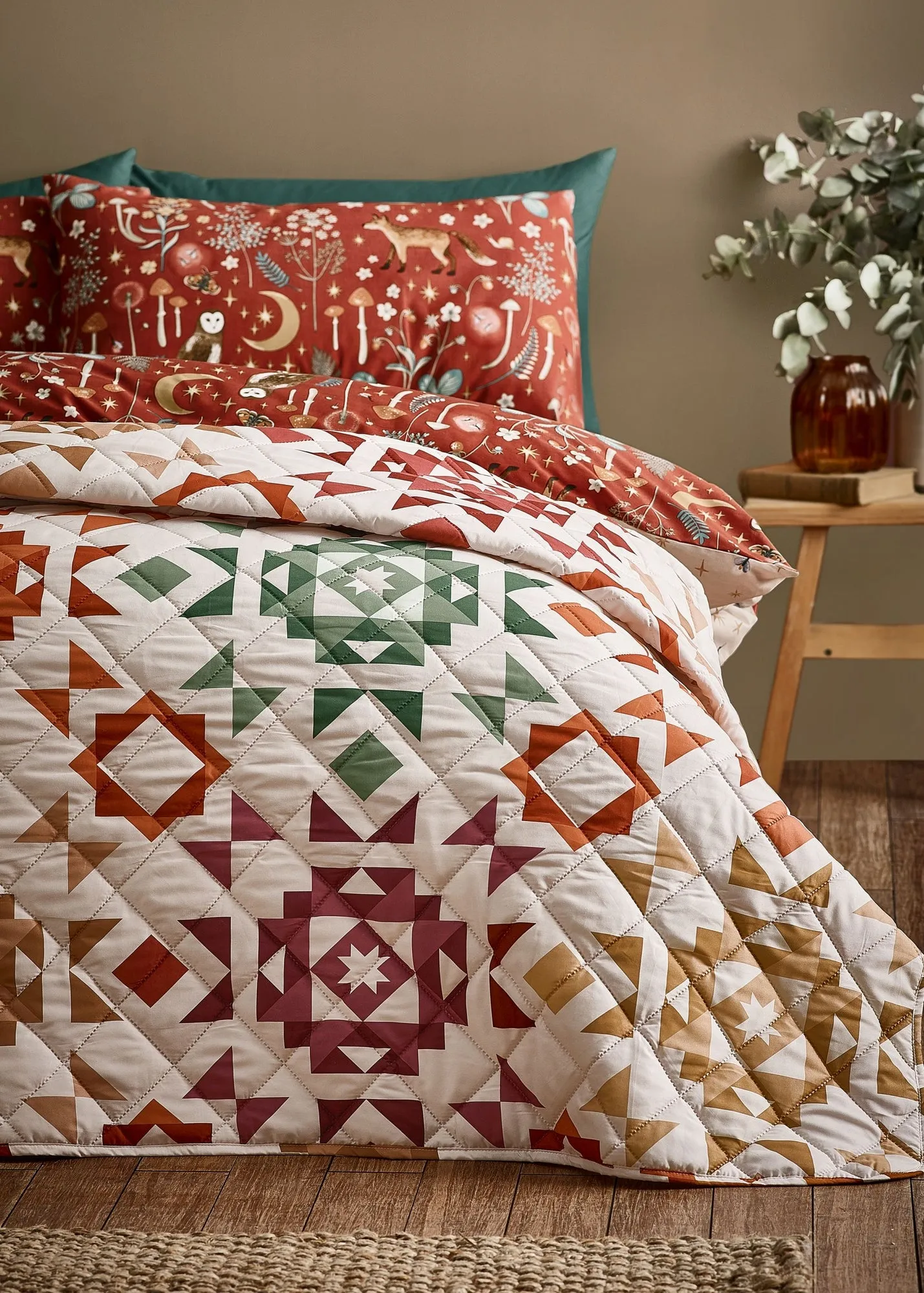 Autumn Patchwork Geo Quilted Bedspread - Natural, Polyester product