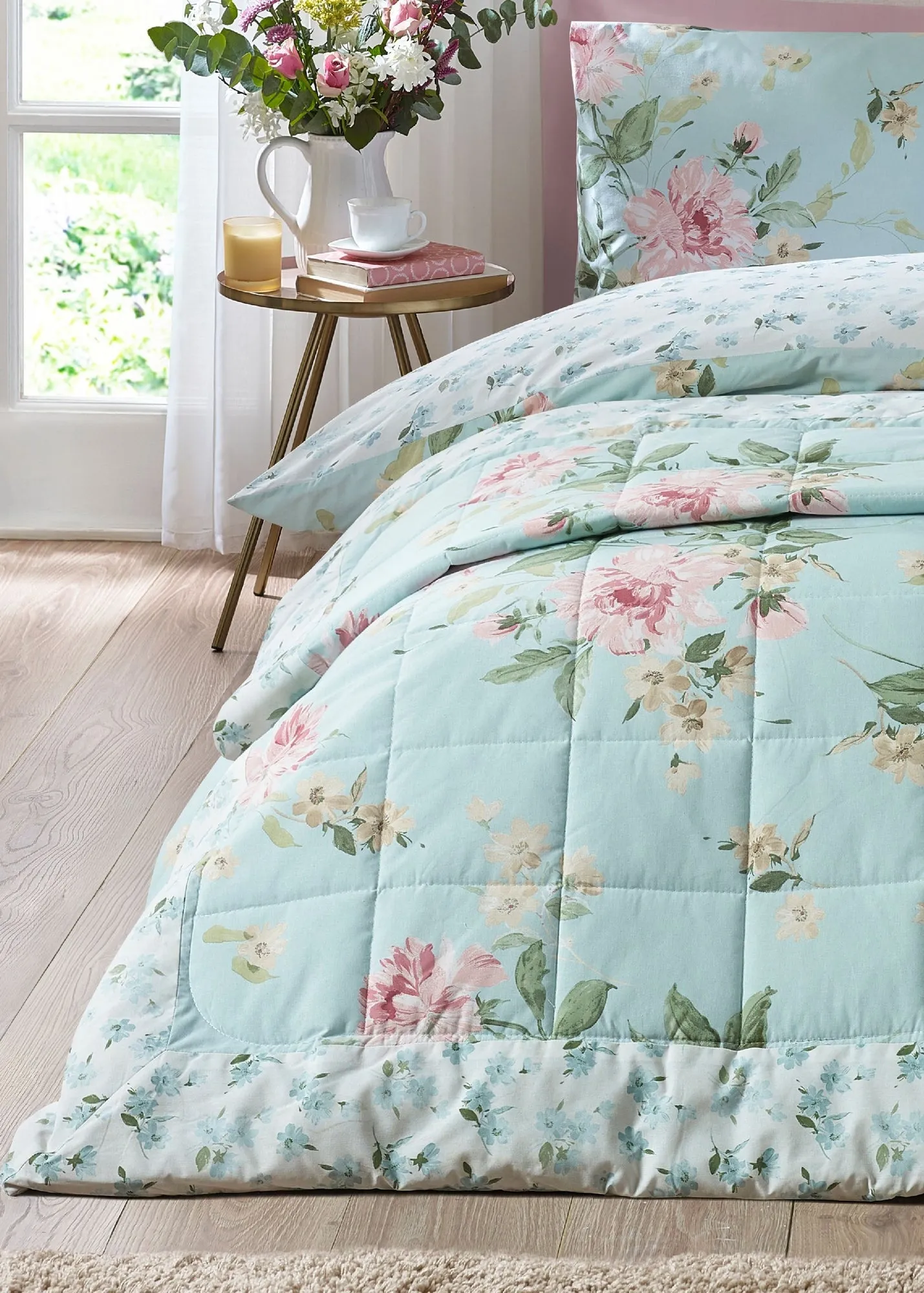 Avebury Floral Reversible Quilted Bedspread - Blue, Polyester product
