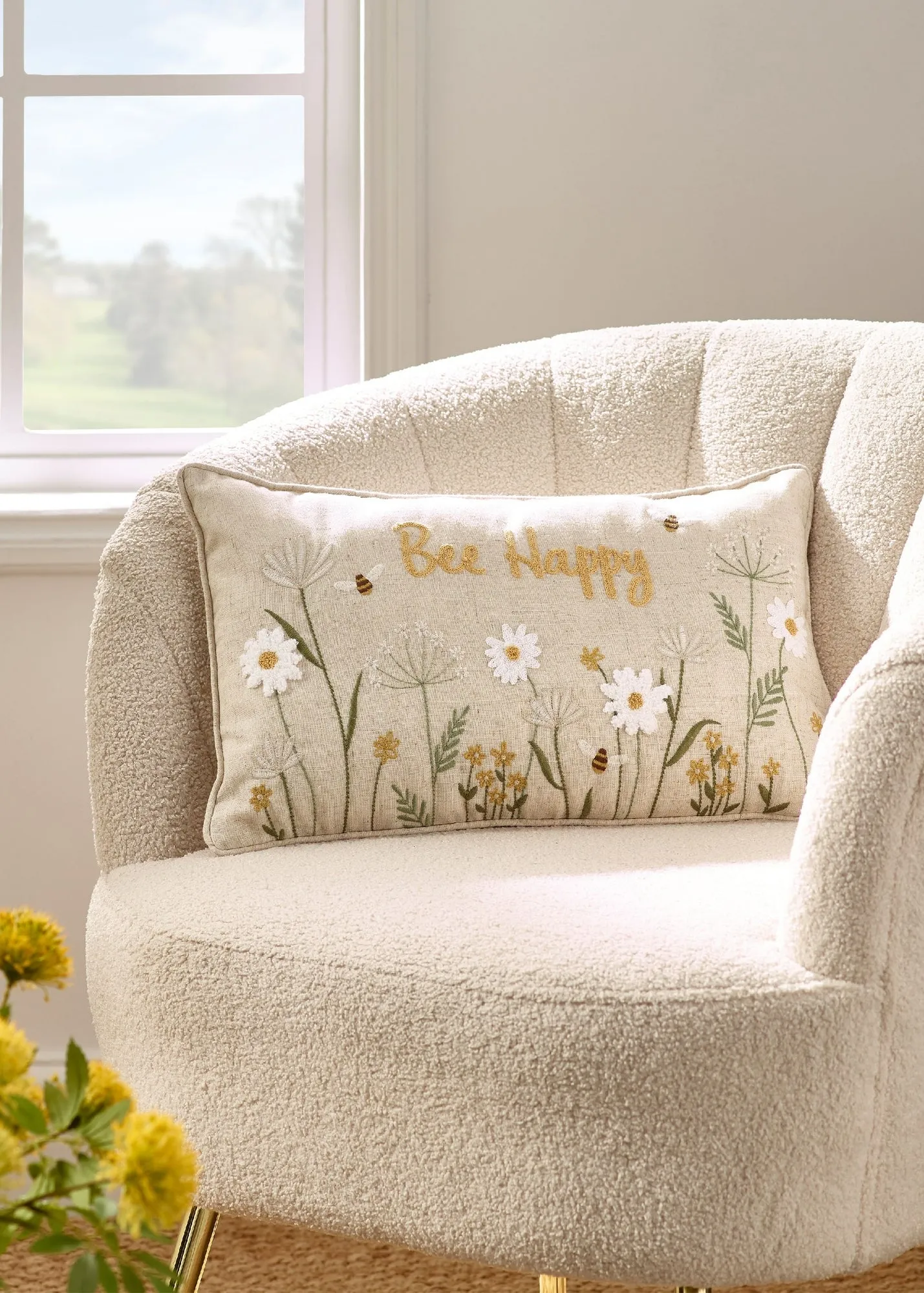 Bee Happy Embroidered Cushion - Natural product