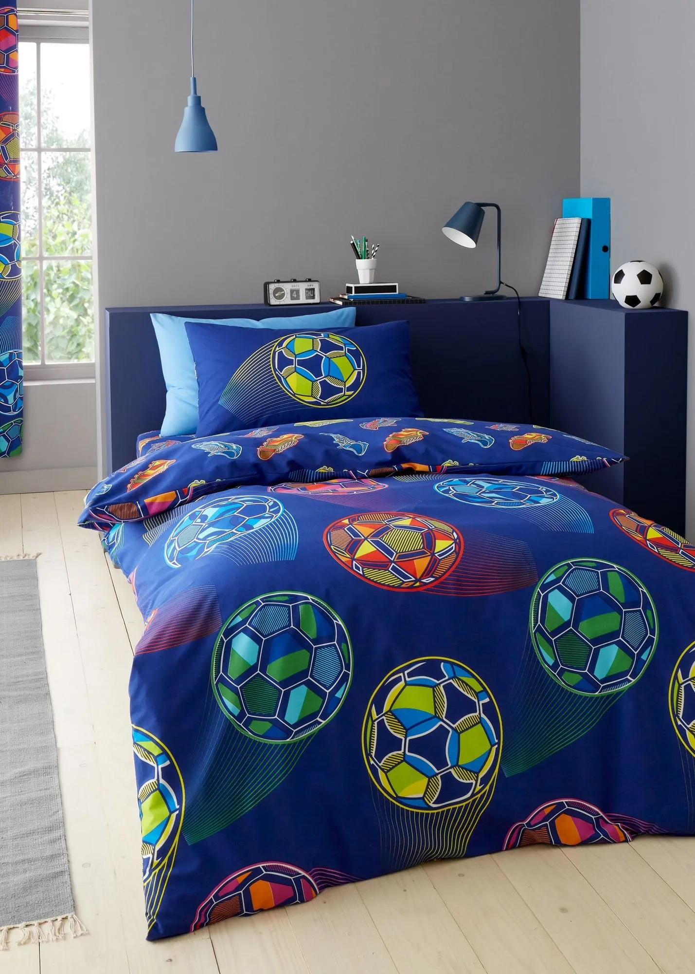 Bright Football Reversible Single Duvet Cover Set - Navy product