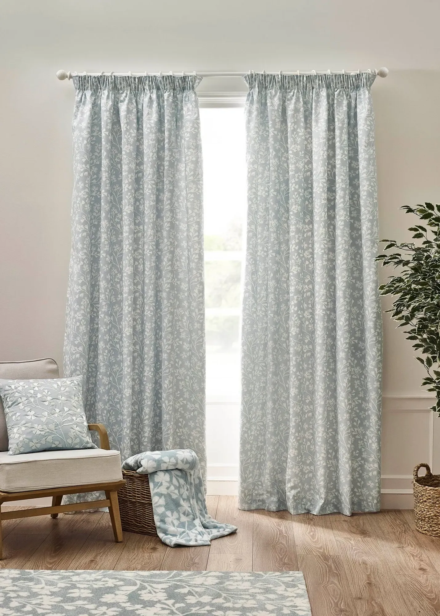 Brooke Floral Pencil Pleat Lined Curtains - Duck Egg Blue, Polyester product