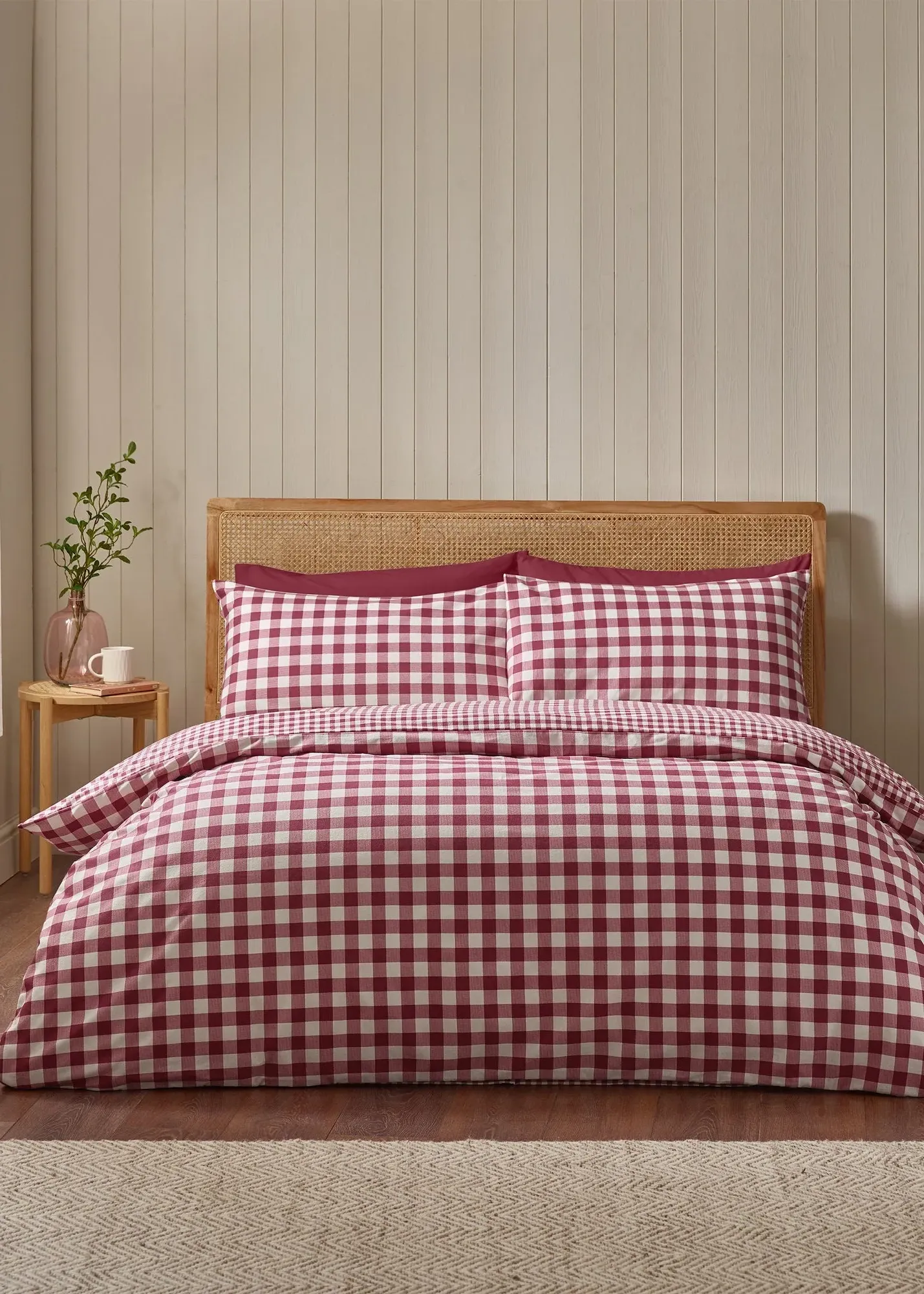 Brushed Gingham Check Single Reversible Duvet Cover Set - Burgundy product