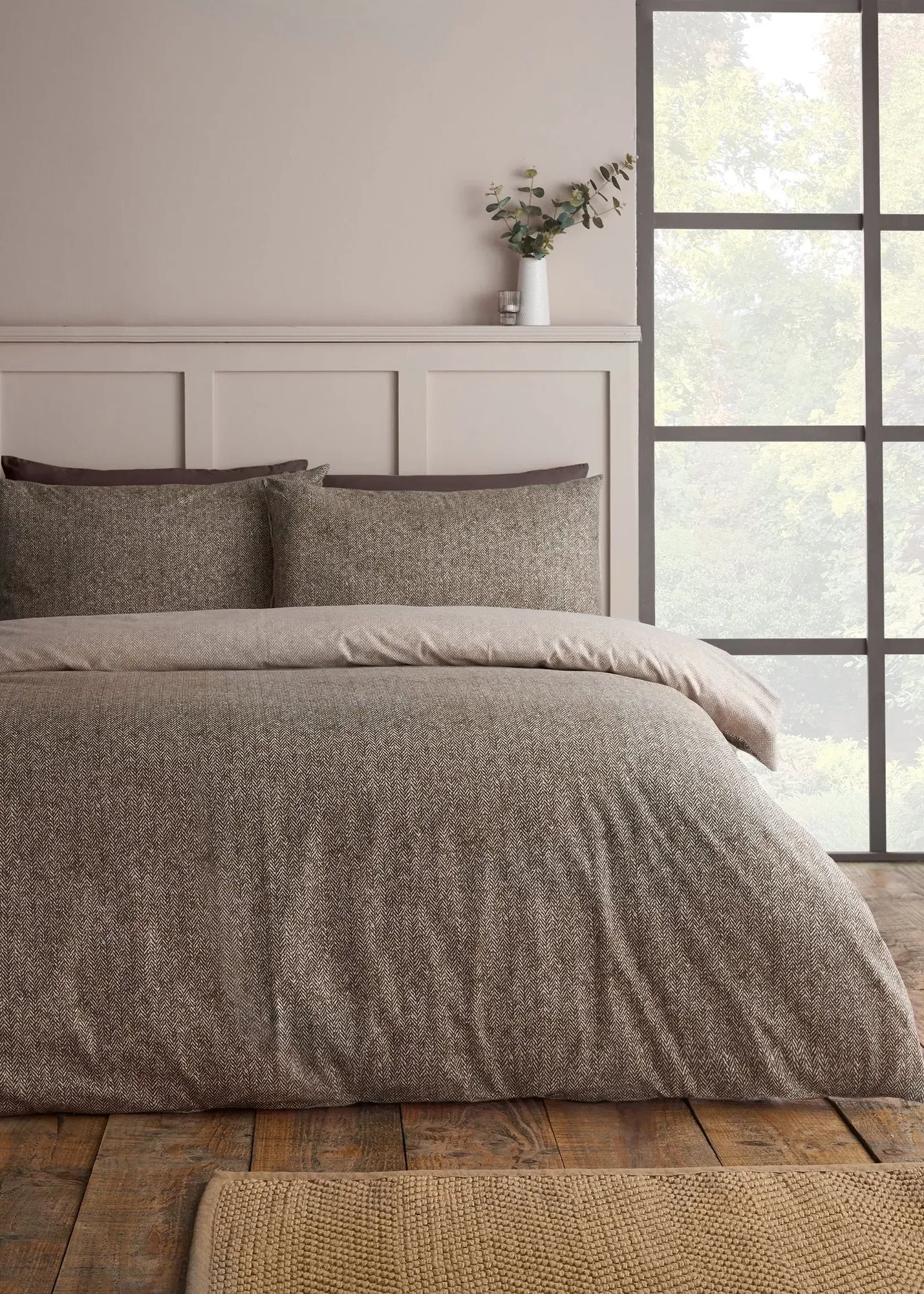 Brushed Herringbone Single Reversible Duvet Cover Set - Brown, Cotton product