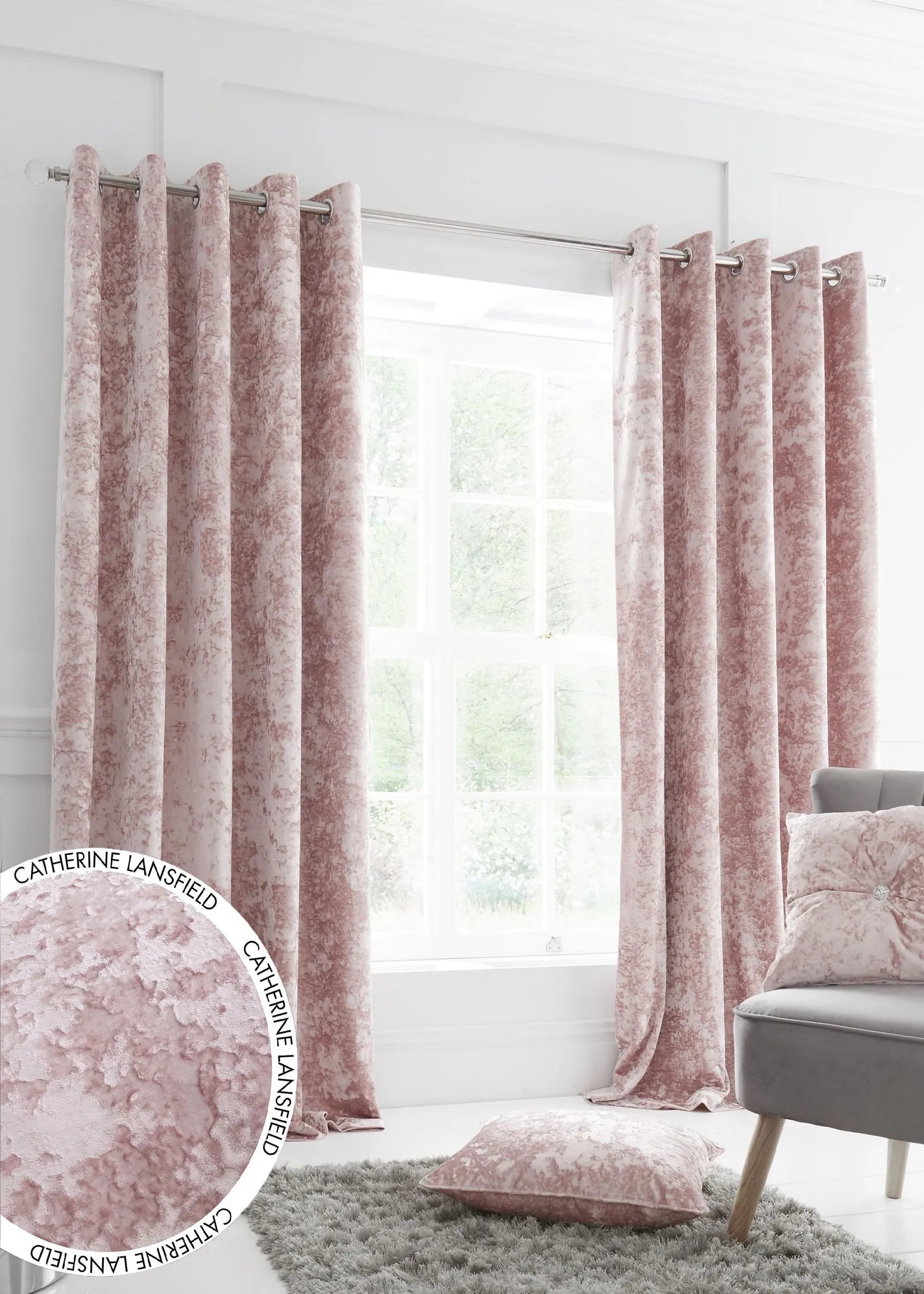 Catherine Lansfield Crushed Velvet Lined Eyelet Curtains - Pink product