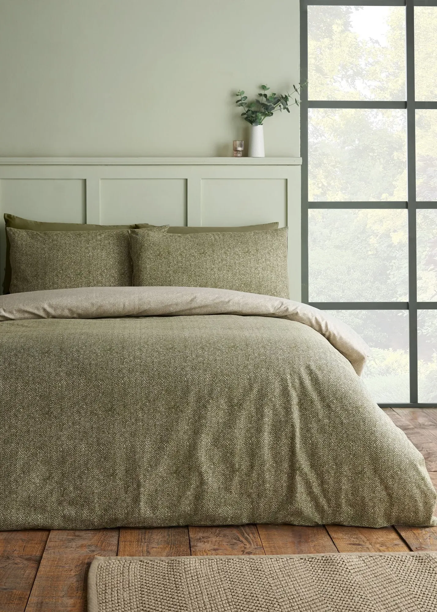 Catherine Lansfield Herringbone Single Duvet Cover Set - Green, Brushed Cotton product