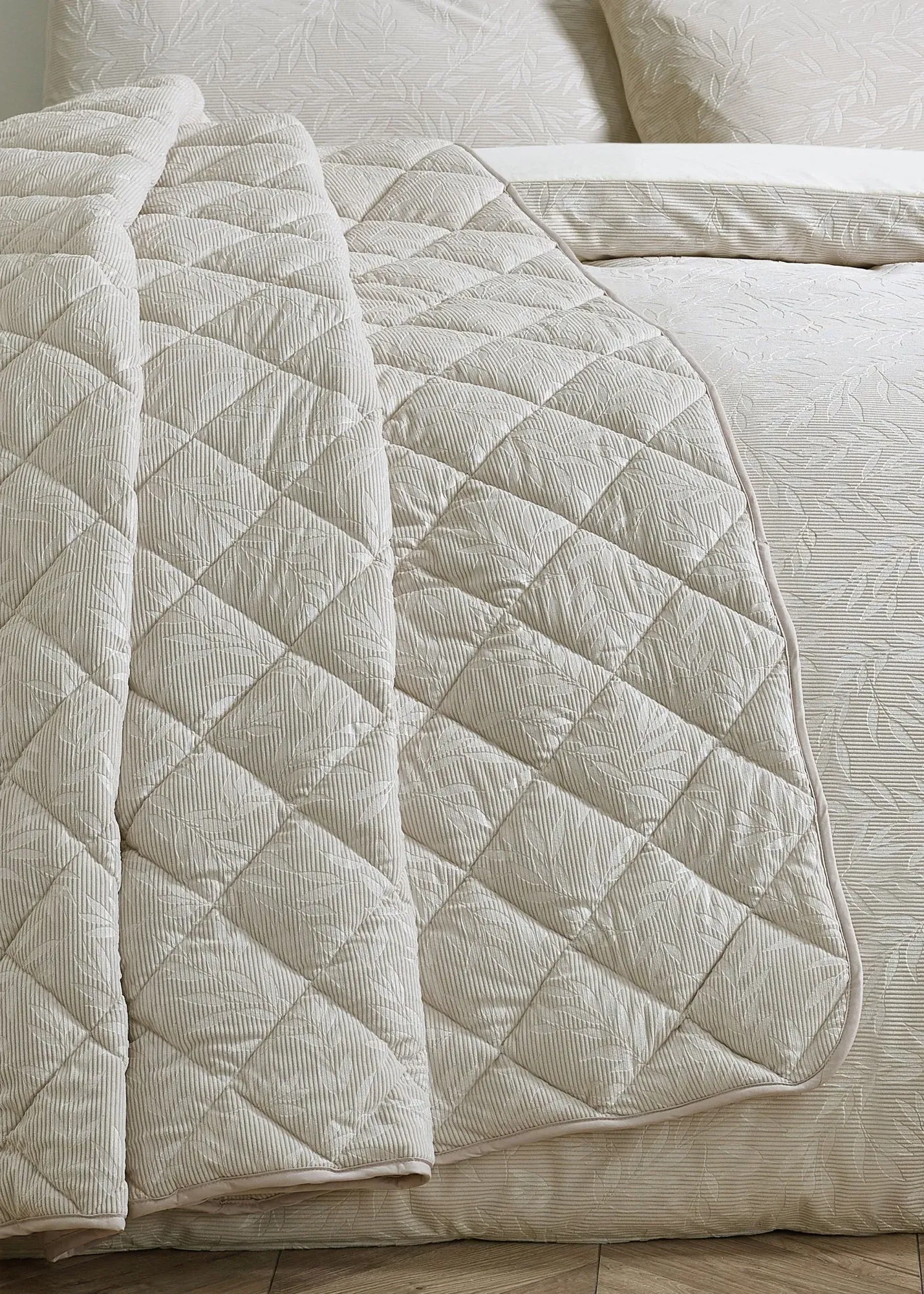 Corded Leaves Quilted Bedspread - Beige, Polyester product