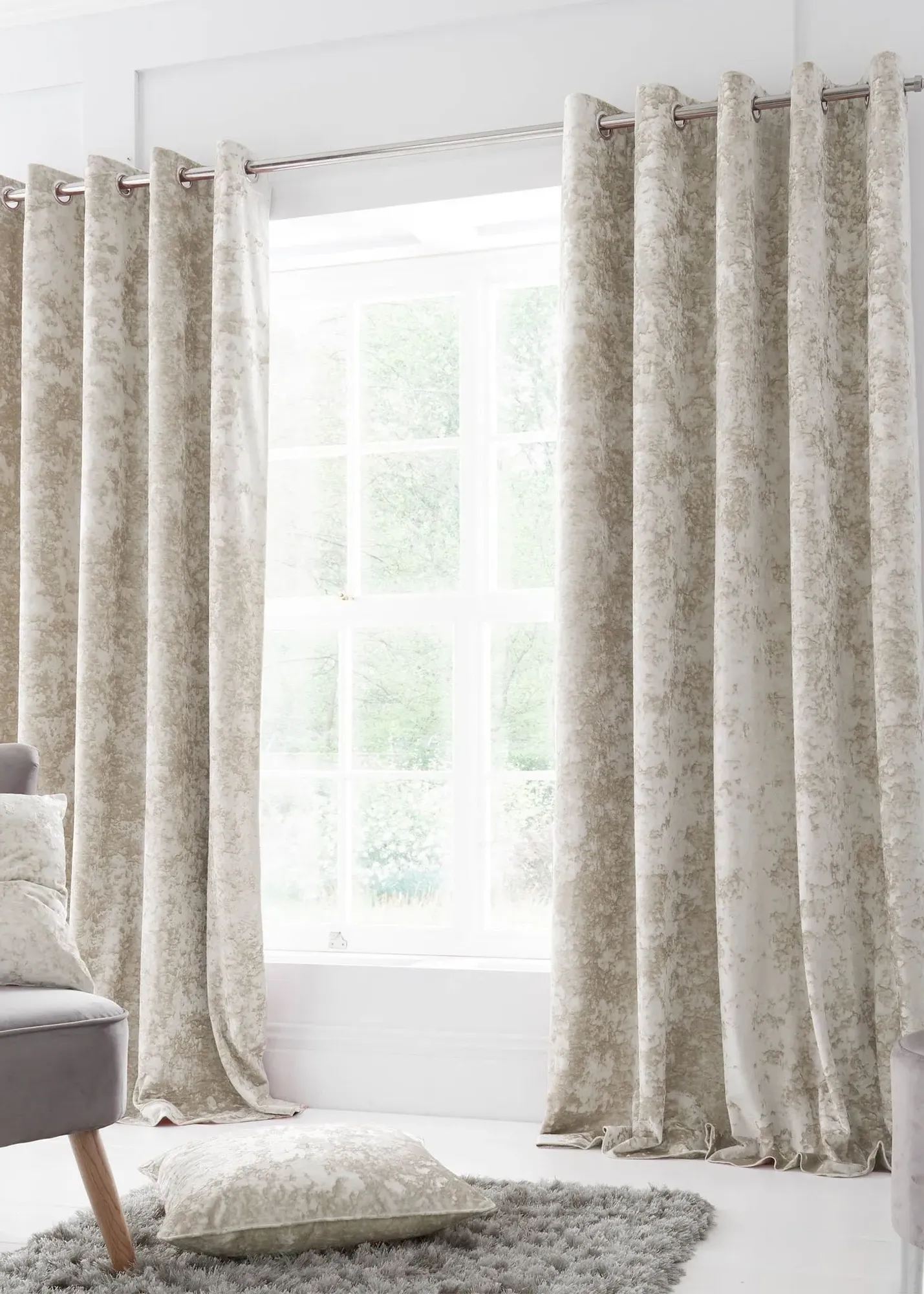 Crushed Velvet Lined Eyelet Curtains 66w x 54d - Natural, Polyester product