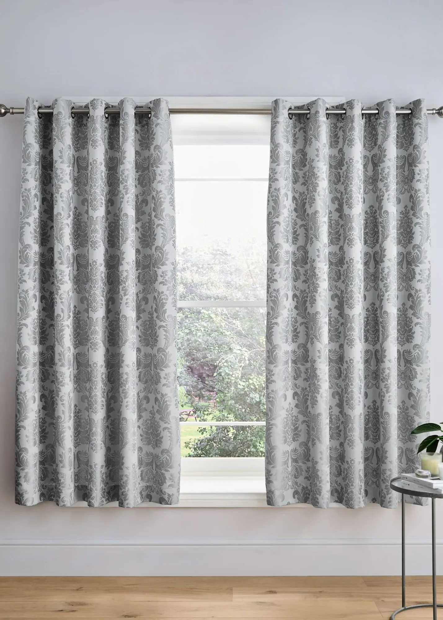 Damask Jacquard Lined Eyelet Curtains 66x72" - Grey, Polyester product