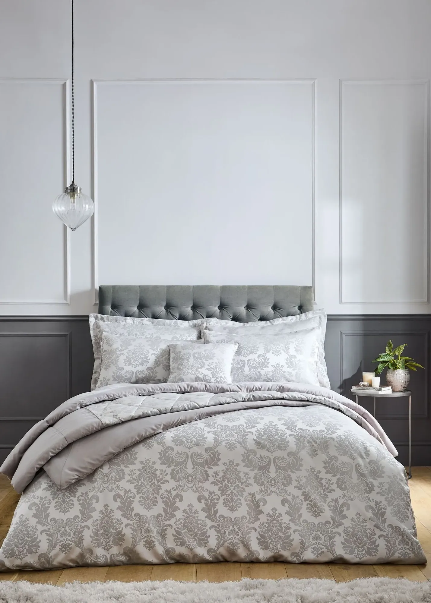 Damask Jacquard Single Duvet Cover Set - Grey, Linen product