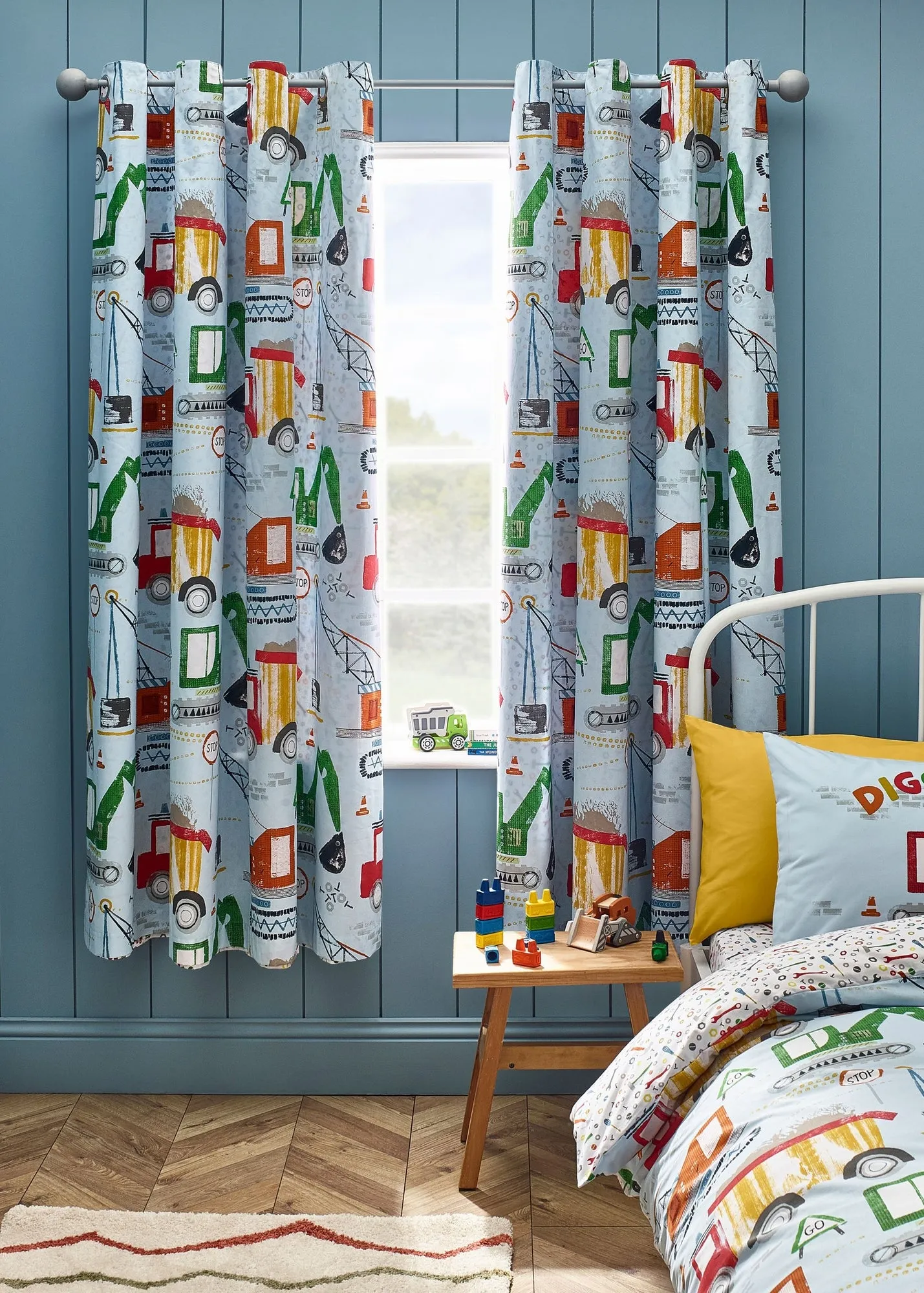 Digger Dreams Reversible Eyelet Curtains - Blue, Polyester product