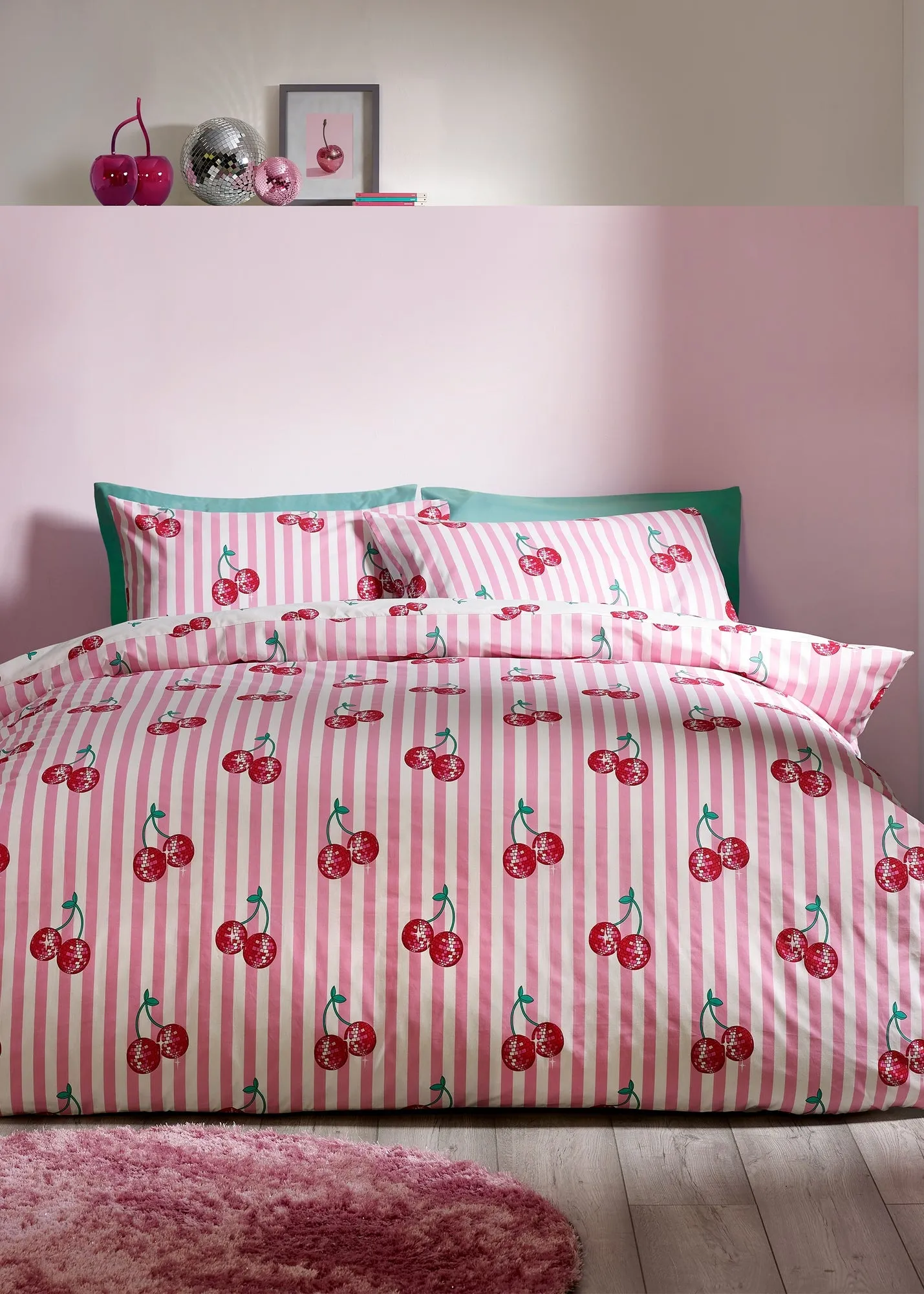 Disco Cherries Stripes Single Reversible Duvet Cover Set - Pink product