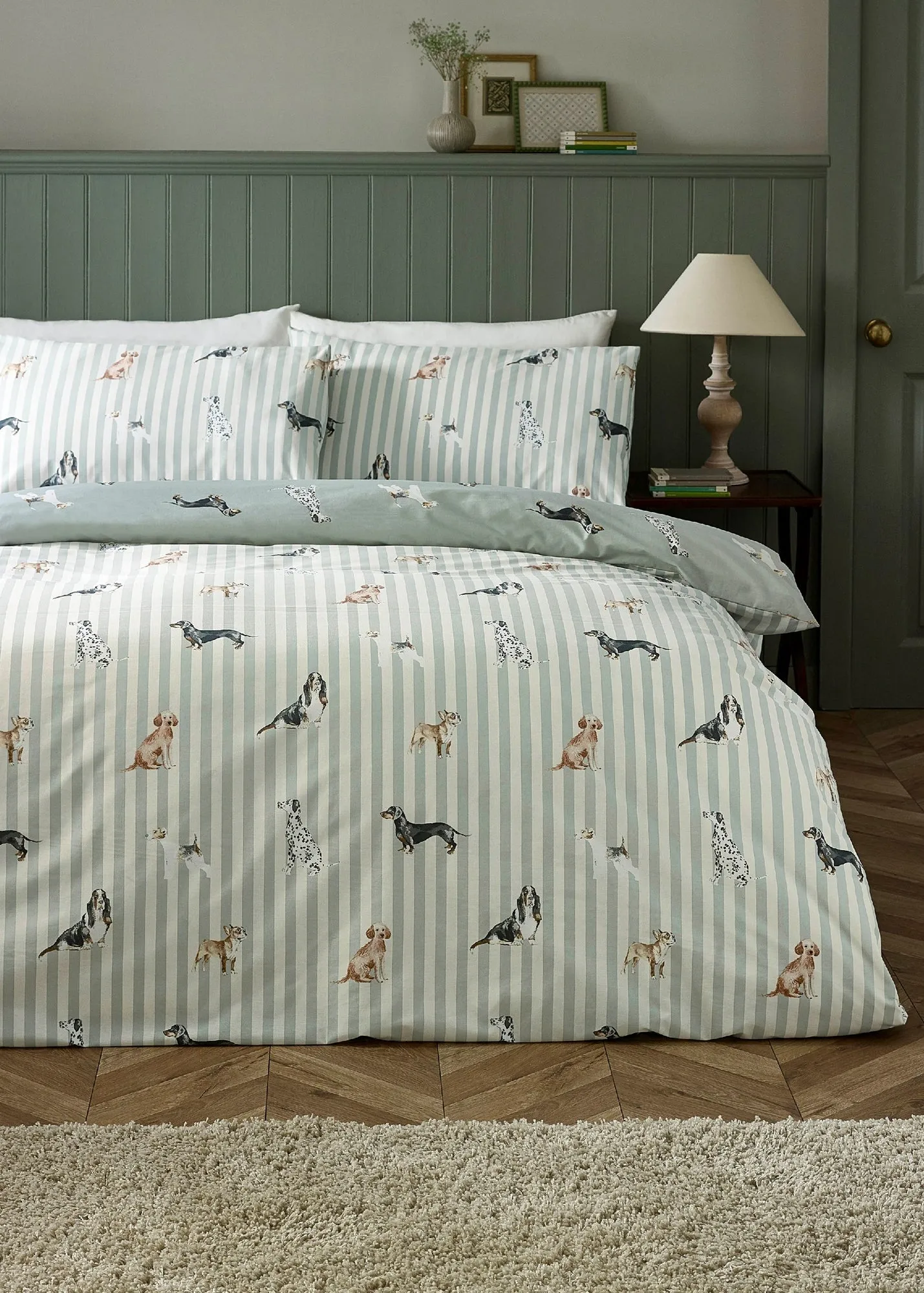 Dog Stripe Reversible Single Duvet Cover Set - Green product