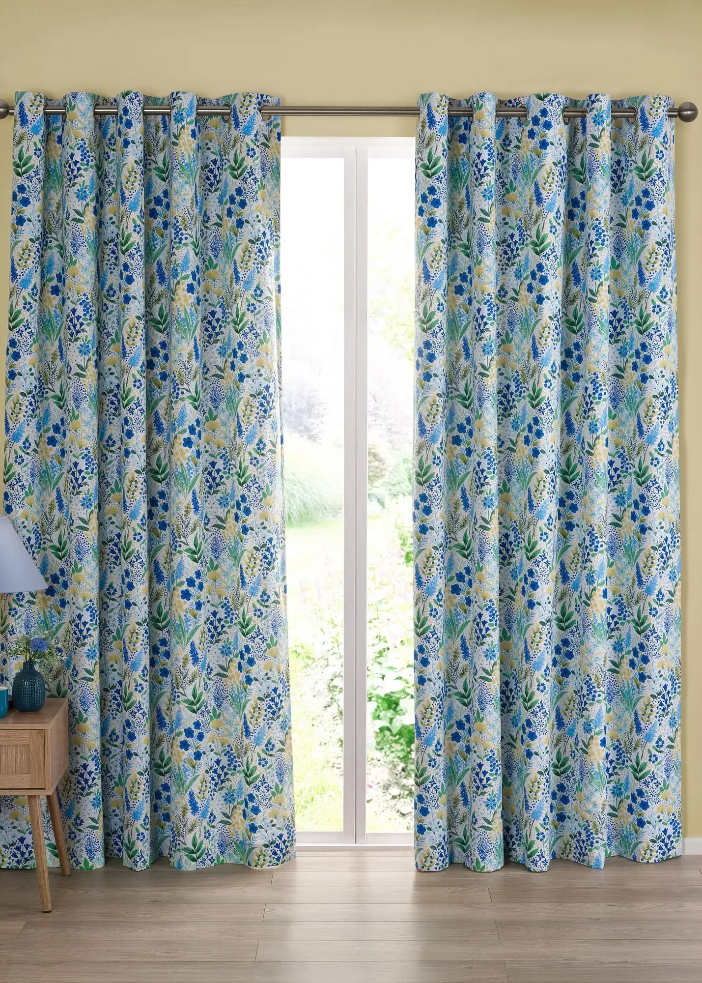 Floral Fully Reversible Eyelet Curtains - Blue, Recycled Polyester Cotton product