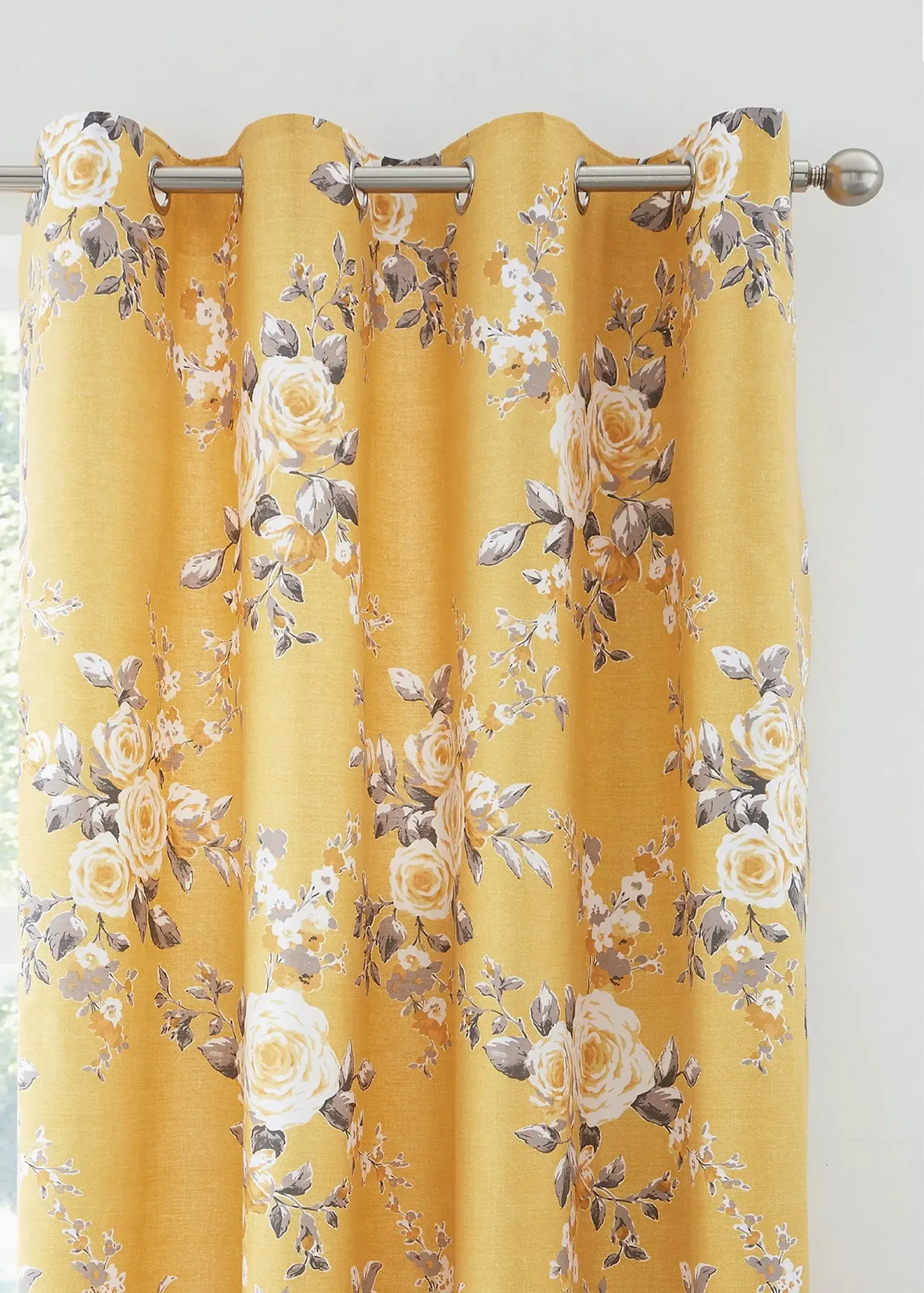 Floral Lined Eyelet Curtains Two Panels - Yellow, Recycled Polyester product