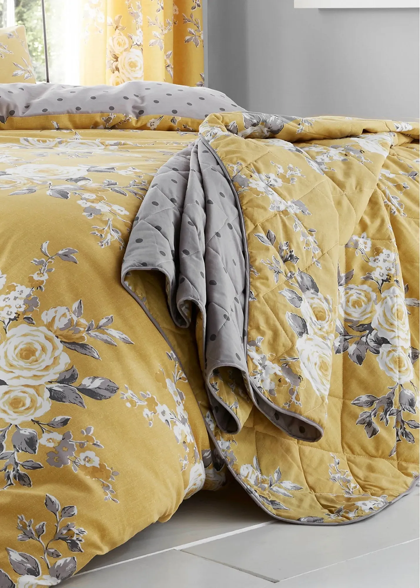 Floral Reversible Quilted Bedspread - Yellow product