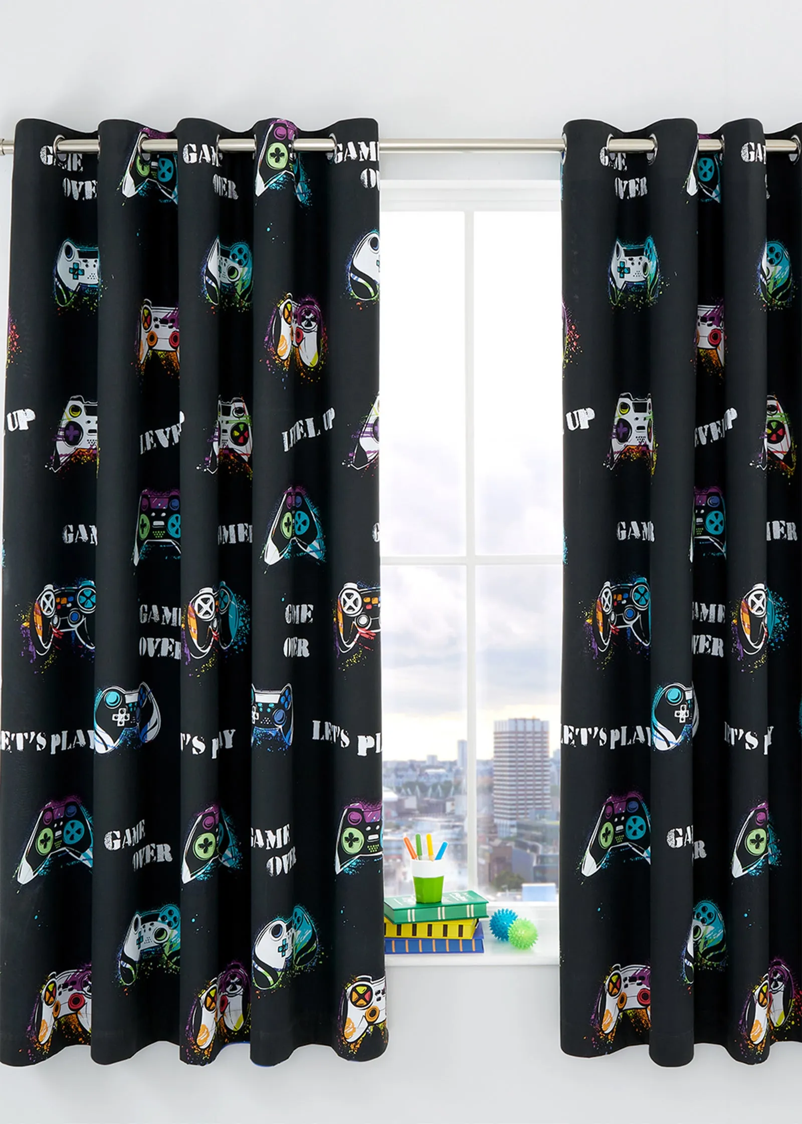 Game Over Fully Reversible Eyelet Curtains - Black, Polycotton product