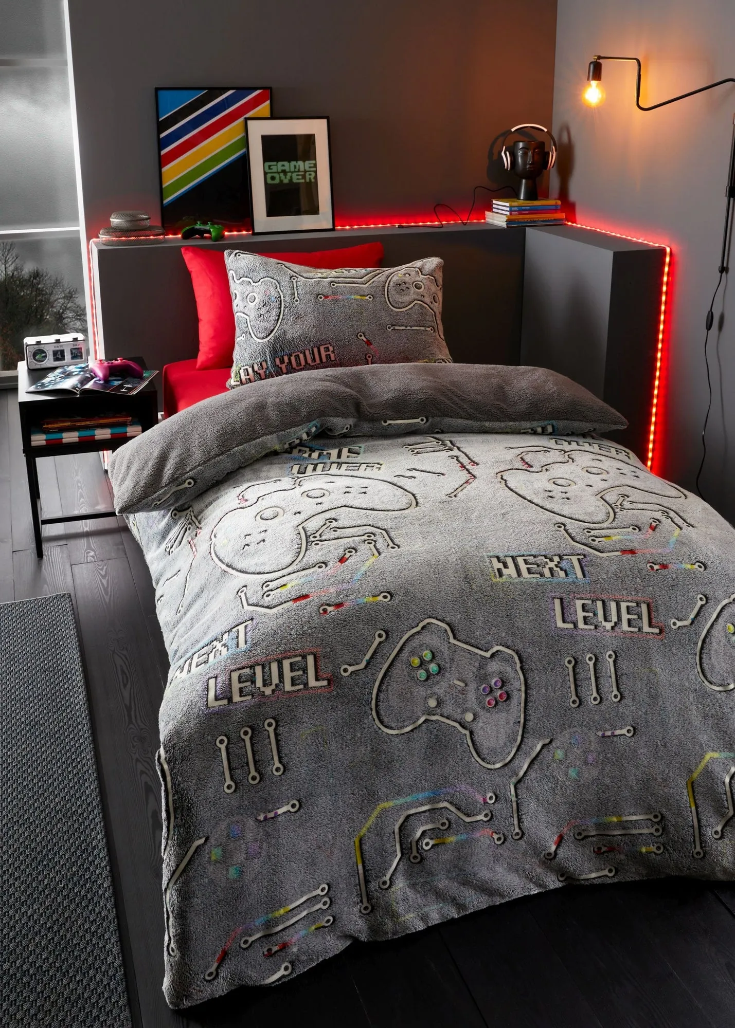 Game Over Glow in the Dark Single Duvet Cover Set - Black, Fleece product