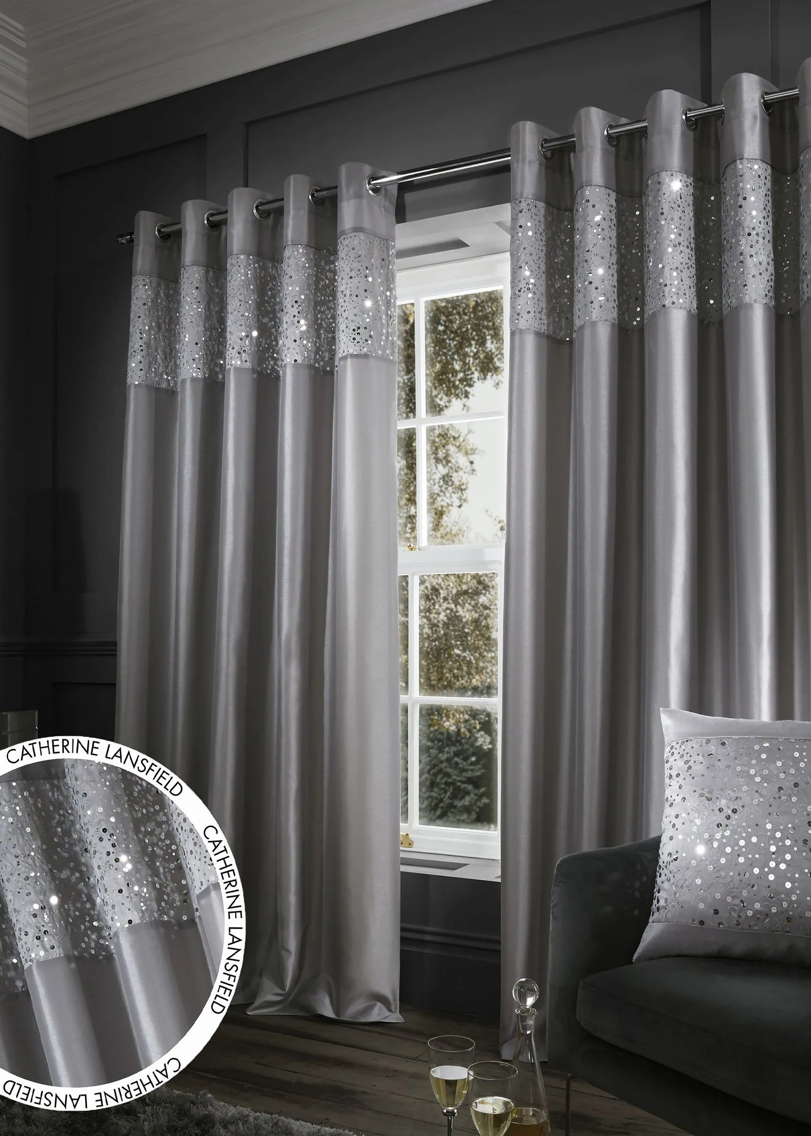 Glitzy Sequin Lined Eyelet Curtains - Grey product