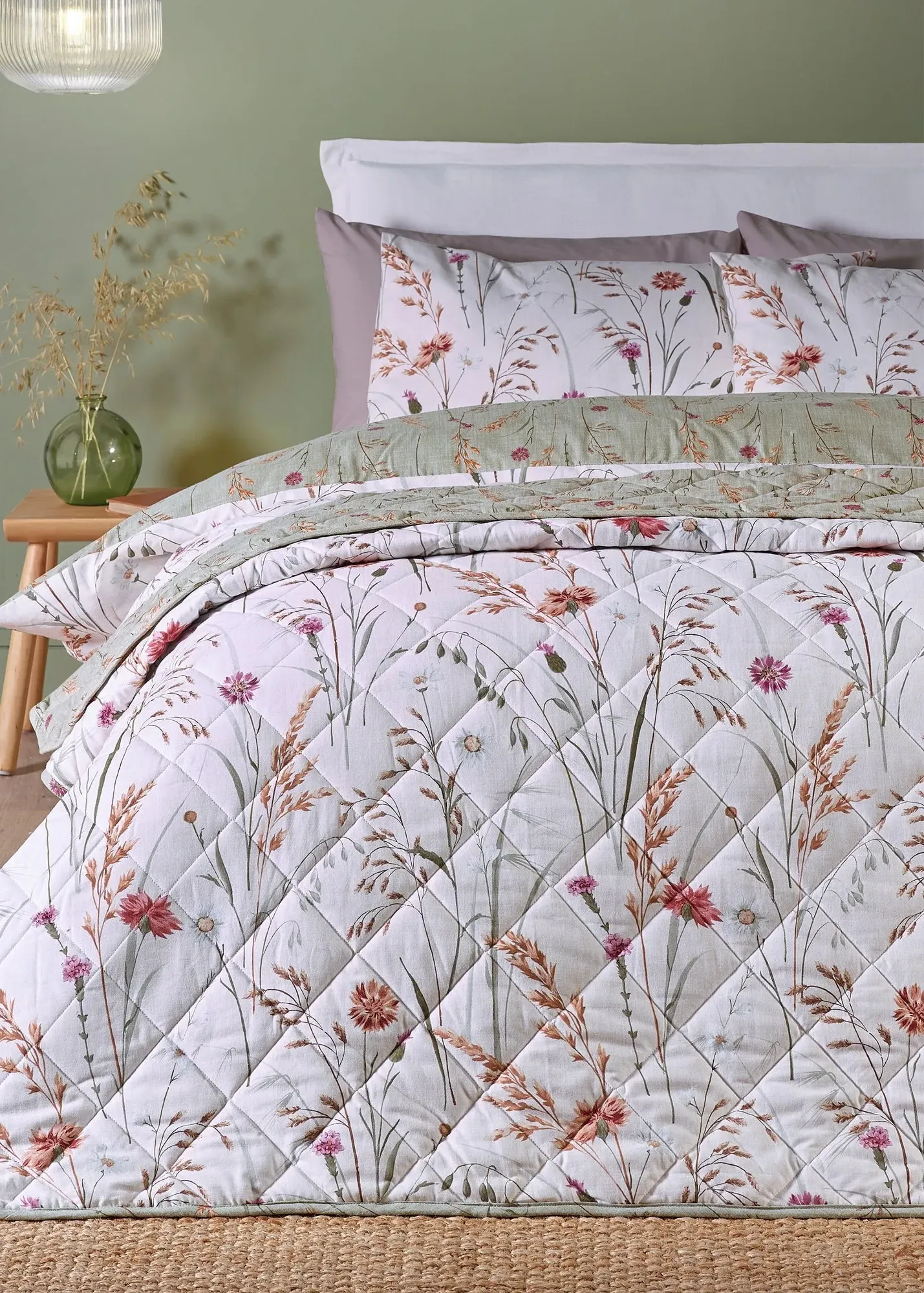 Grasmere Floral Reversible Quilted Bedspread - Green, Brushed Cotton product