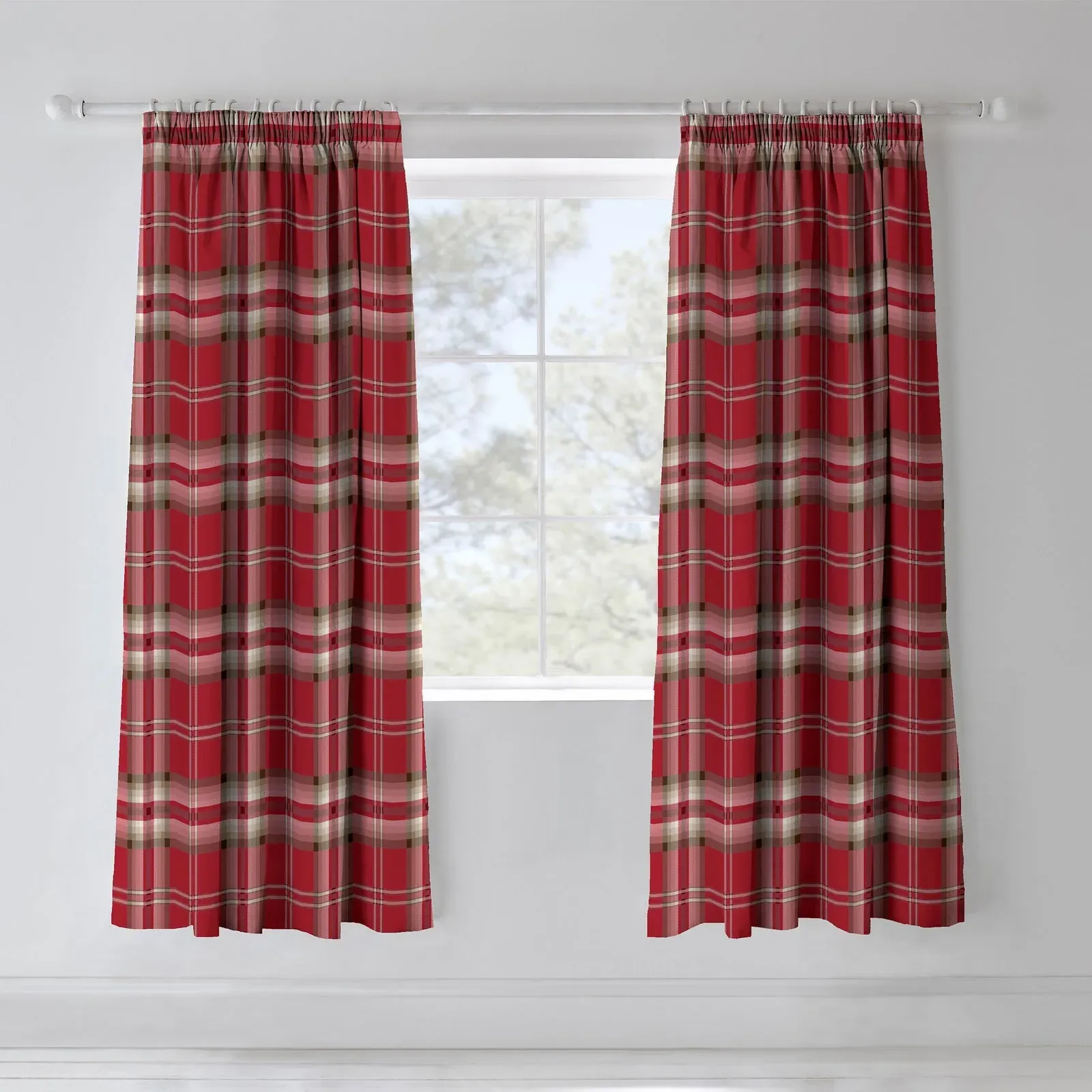 Kelso Check Lined Pencil Pleat Curtains Two Panels - Red product