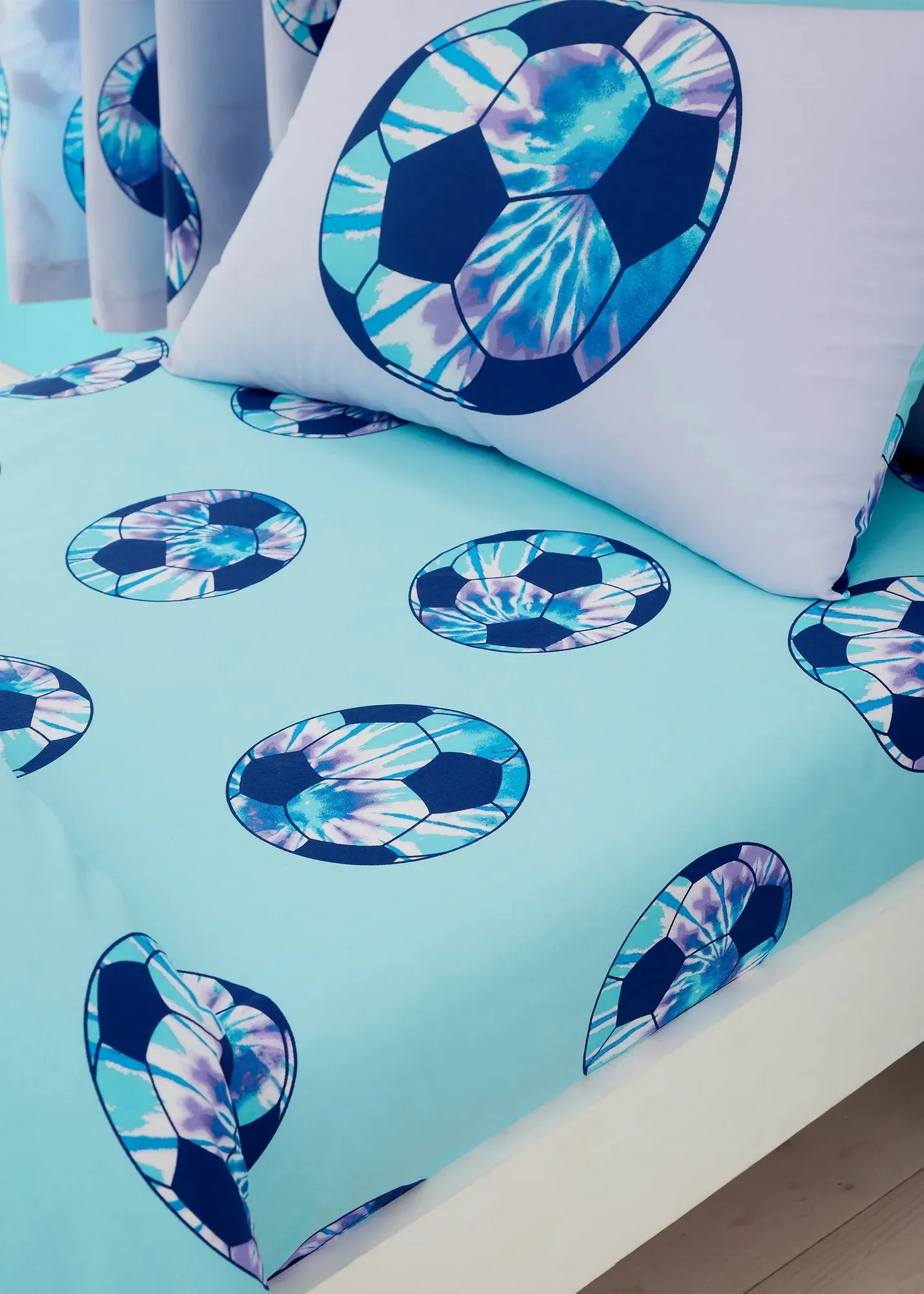 Kids Tie Dye Football Single Fitted Sheet - Blue, Polycotton product