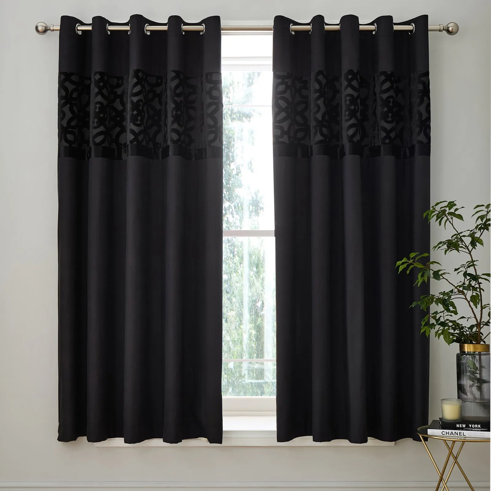 Lattice Cut Velvet Lined Eyelet Curtains Two Panels - Black product