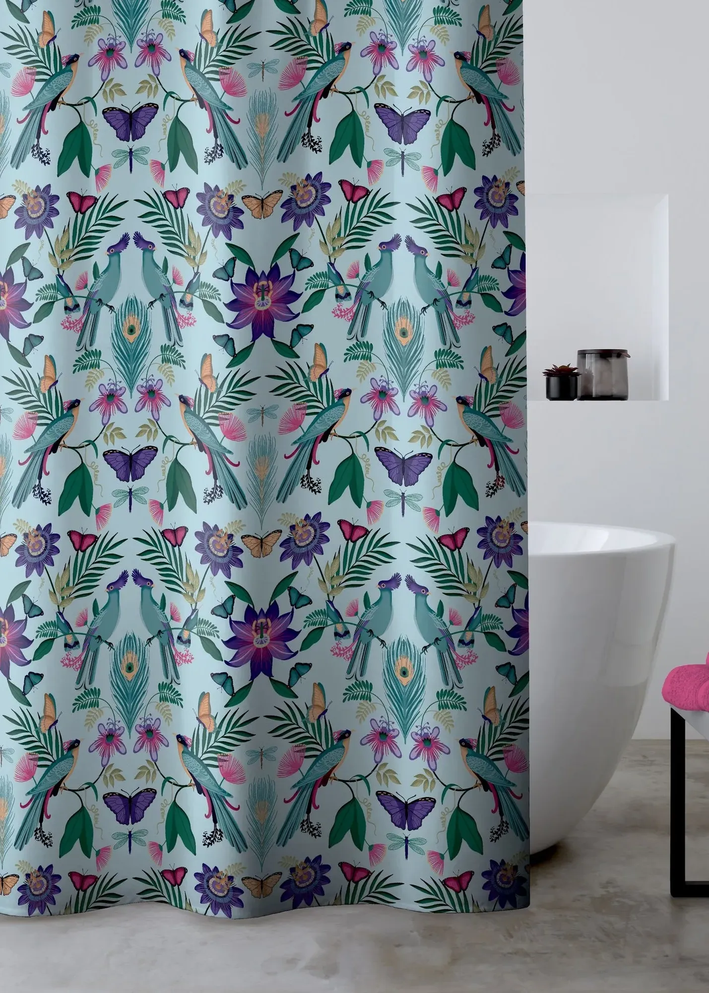 Mya Tropical Bird Shower Curtain Panel - Duck Egg Blue, Polyester product