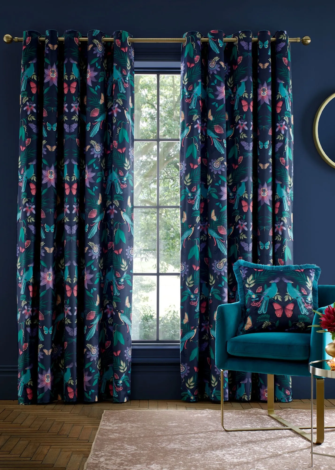 Mya Tropical Birds Eyelet Curtains - Navy, Velvet product