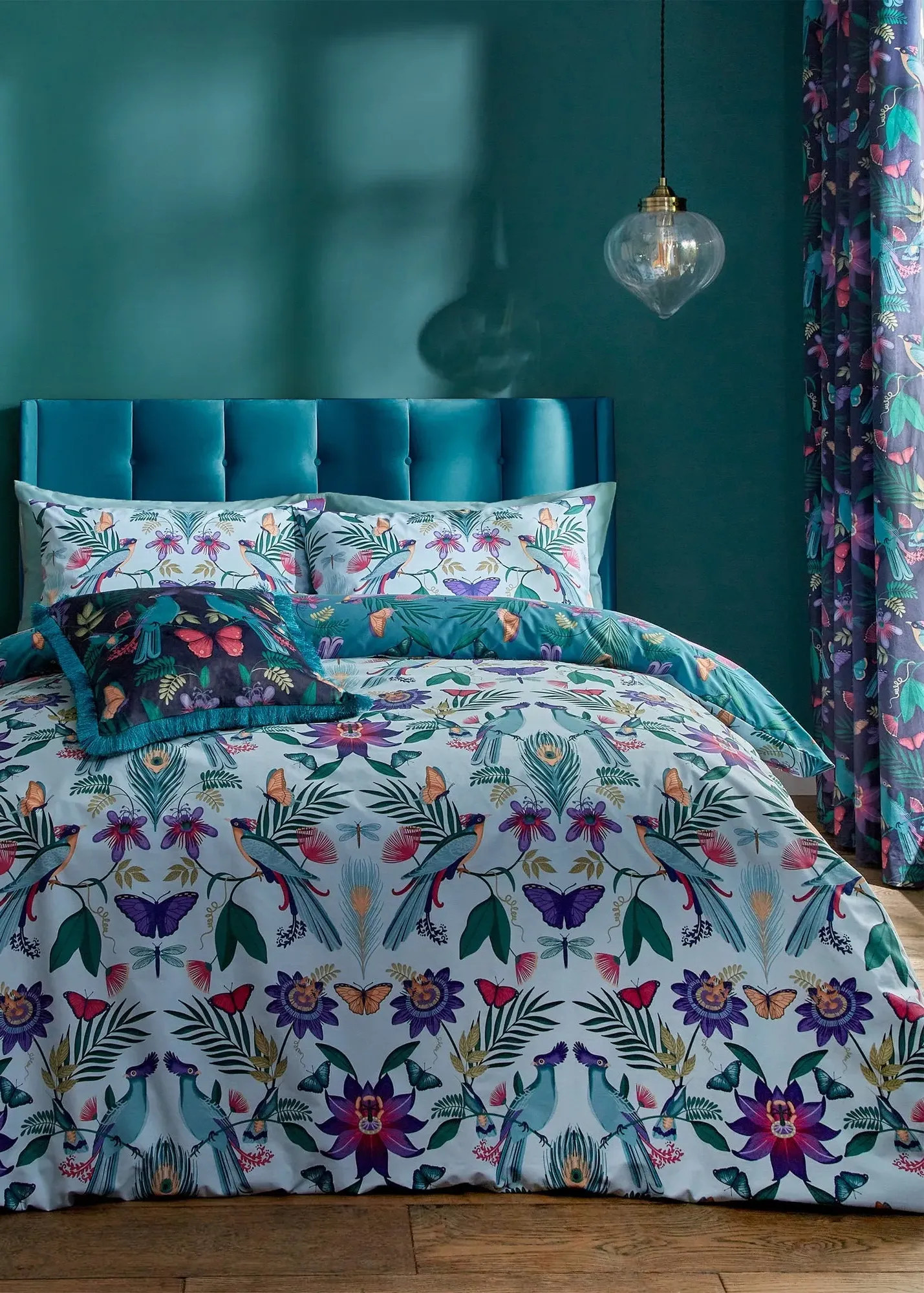 Mya Tropical Floral Reversible Single Duvet Cover Set - Duck Egg Blue product