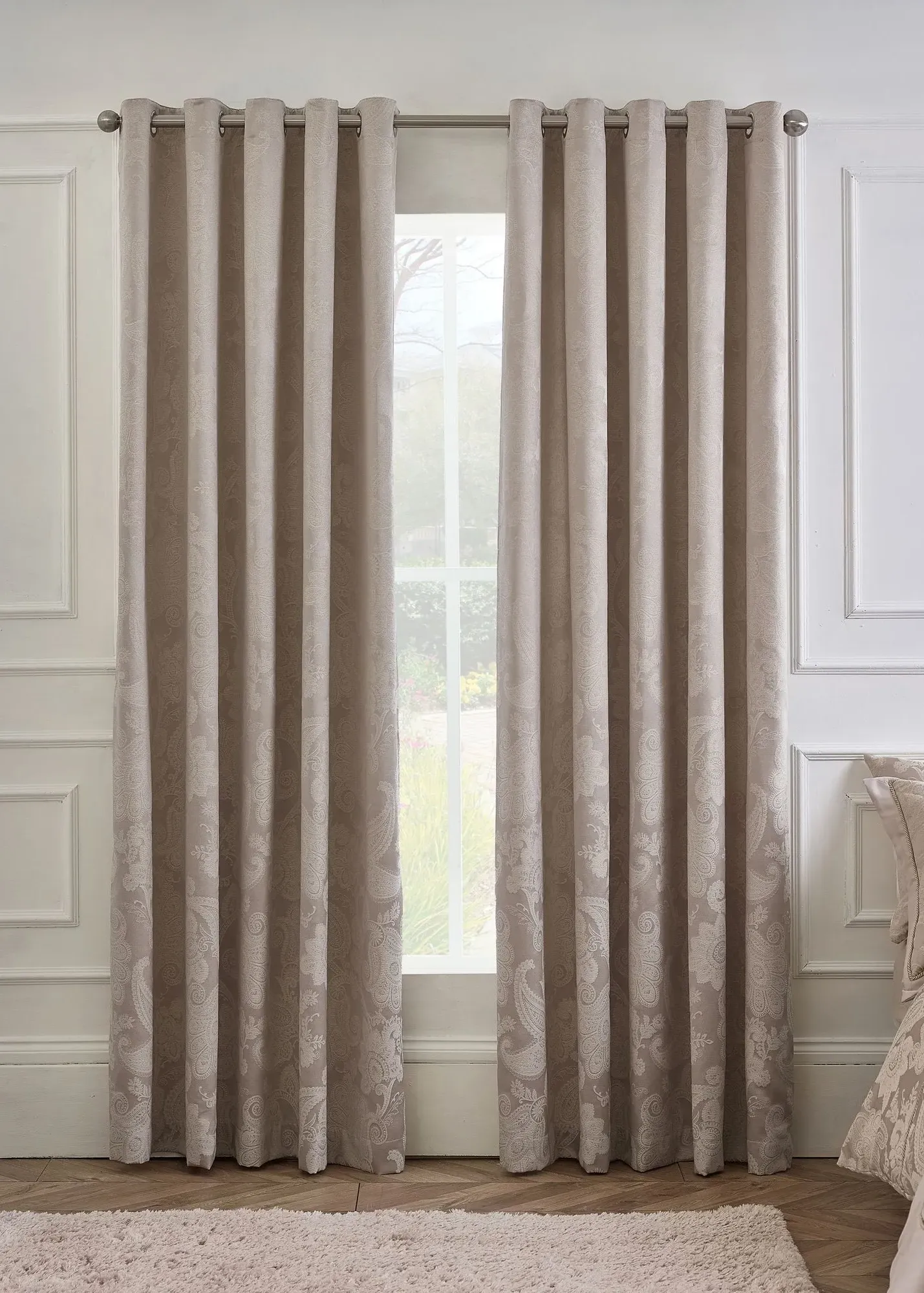 Opulent Jacquard Lined Eyelet Curtains - Beige, Woven Jacquard product