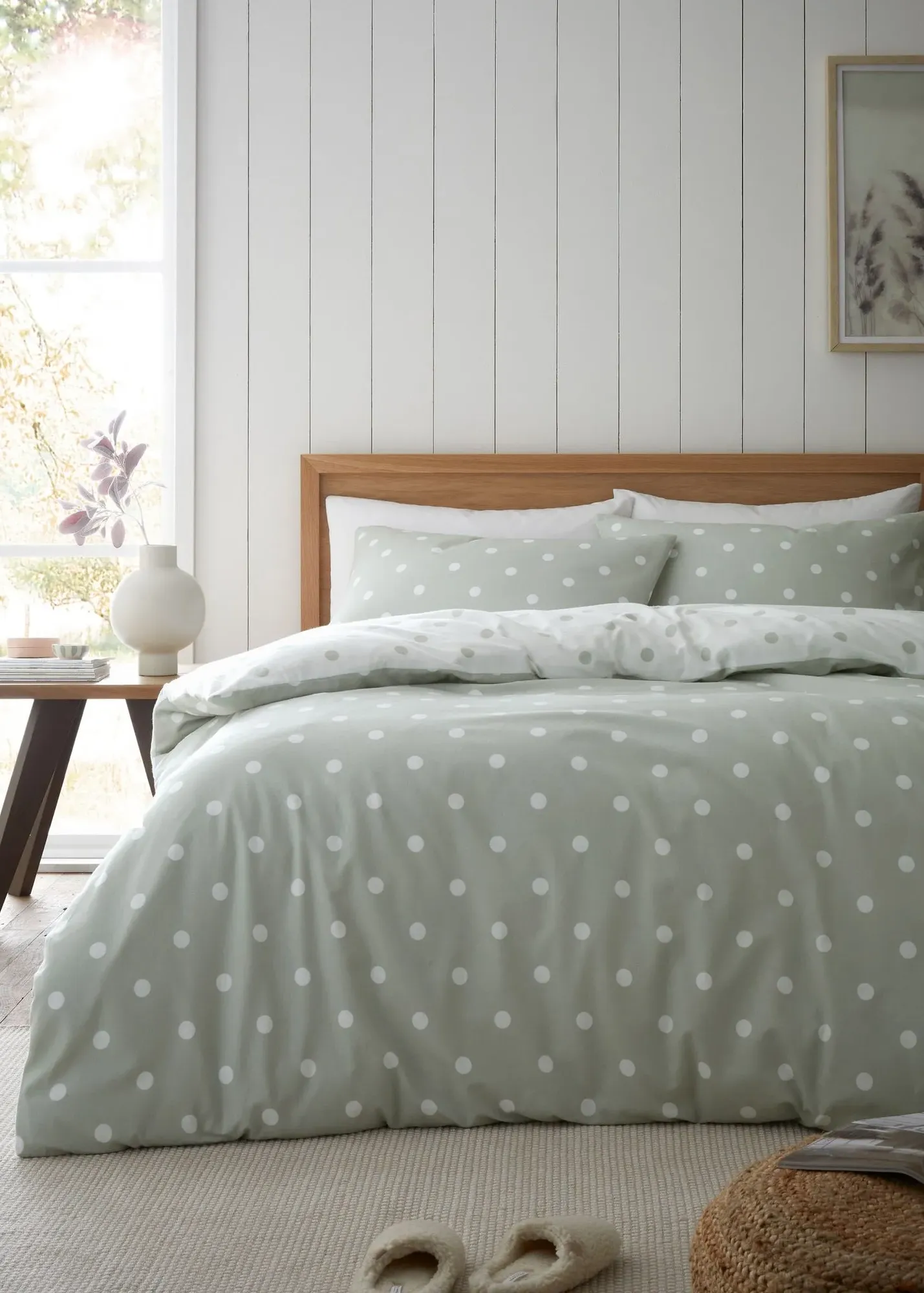 Polka Dot Single Reversible Duvet Cover Set - Green, Brushed Cotton product