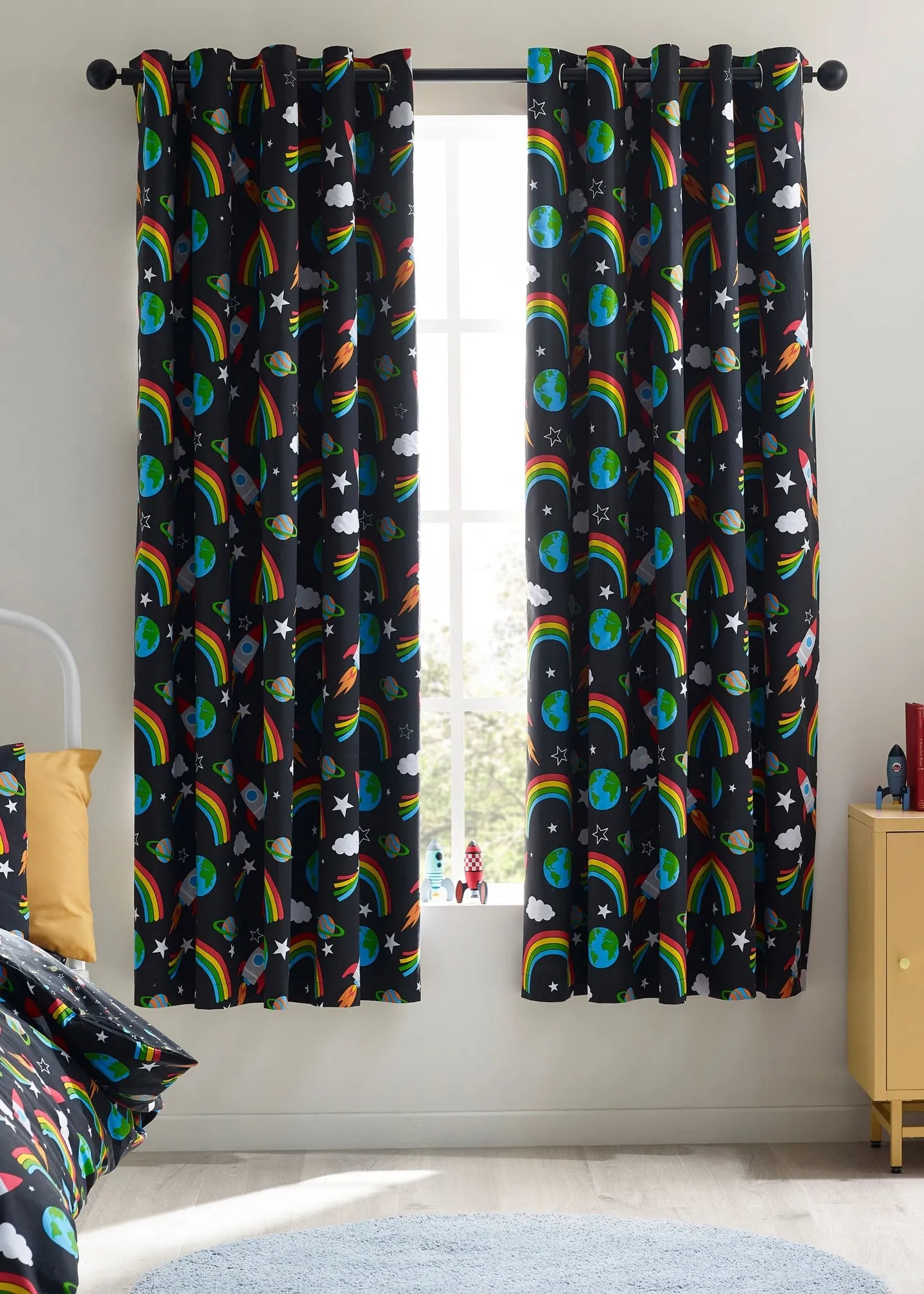 Rainbow Rockets Reversible Eyelet Curtains - Black, Recycled Polyester product
