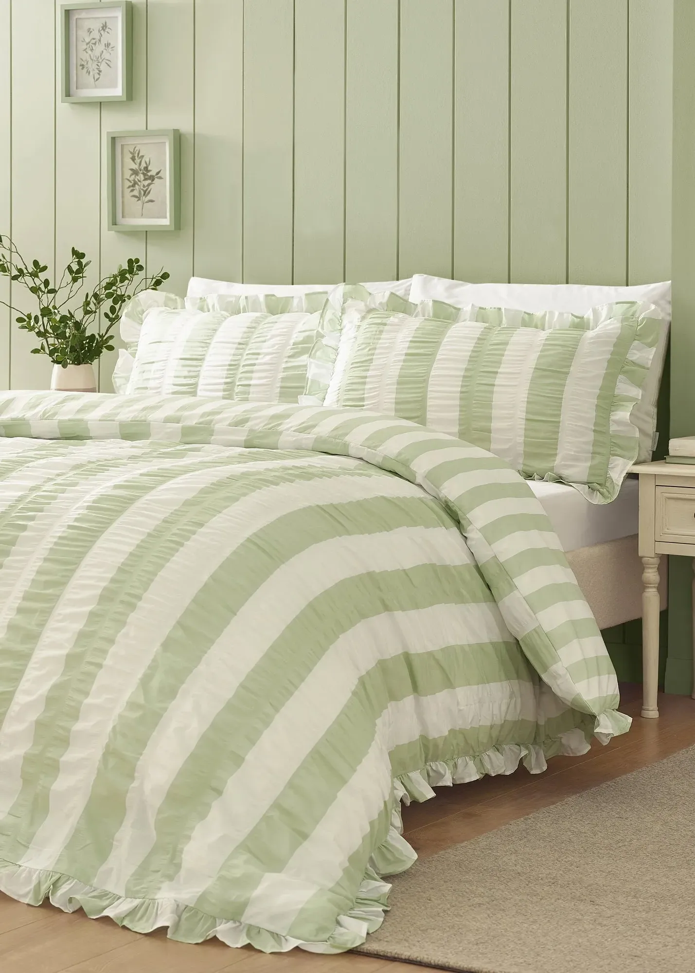 Seersucker Frill Stripe Double Duvet Cover Set - Green product