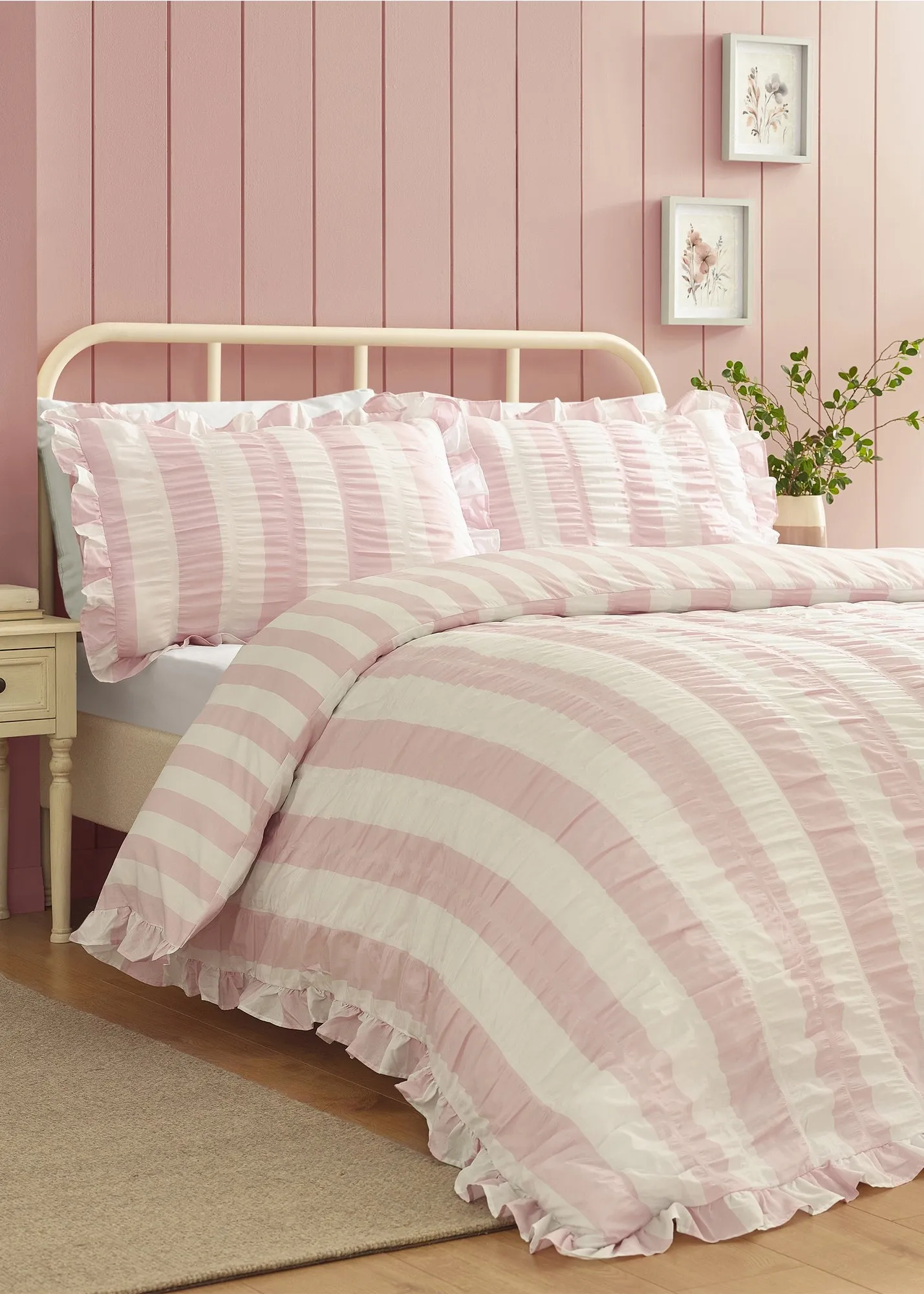 Seersucker Frill Stripe Double Duvet Cover Set - Pink product