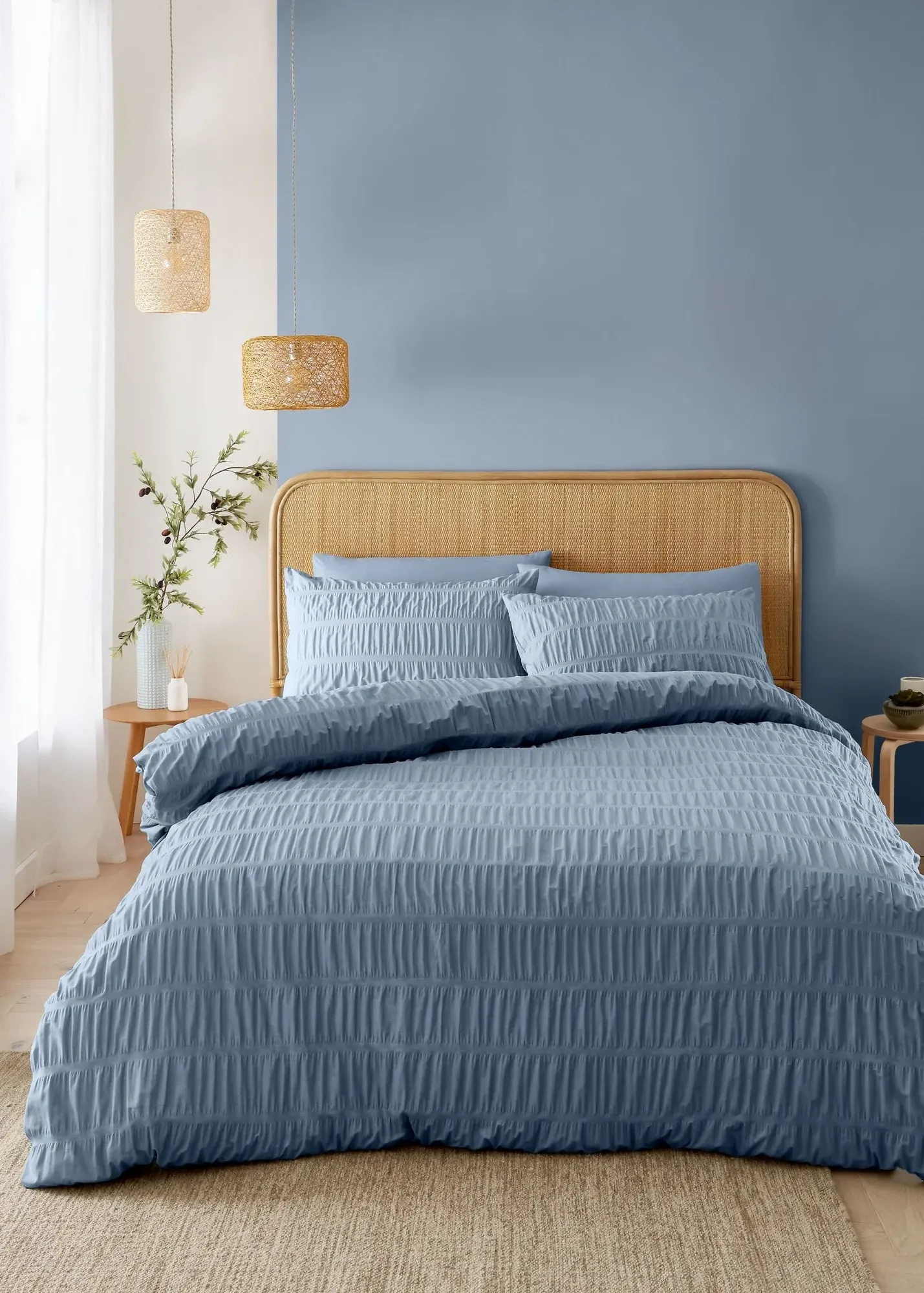 Seersucker Super King Size Duvet Cover Set - Blue product