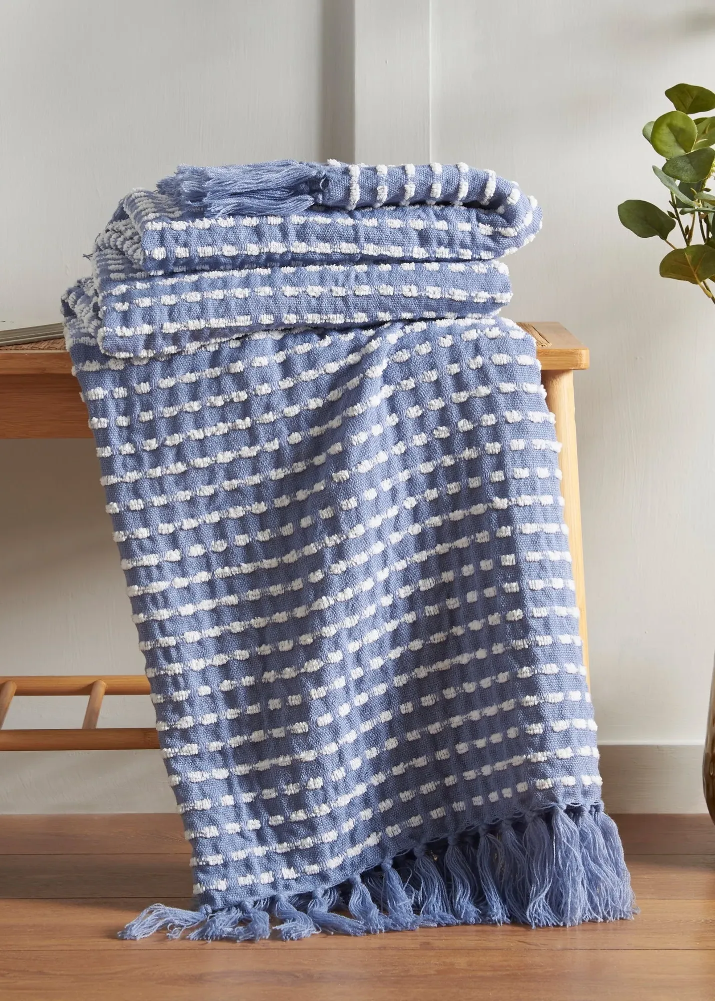 Stab Stitch Blanket Throw with Tasselled Edging - Blue, Polyester product