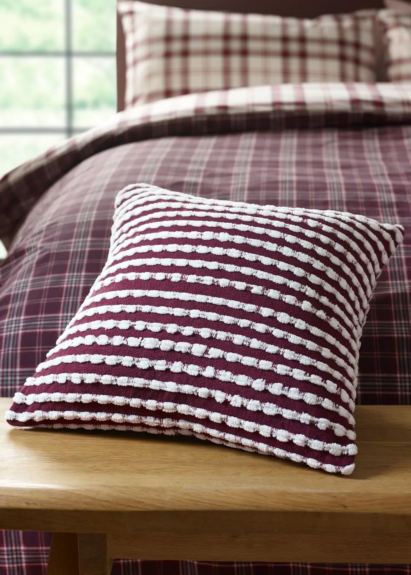 Stab Stitch Square Cushion with Tasselled Edging - Plum, Polyester product