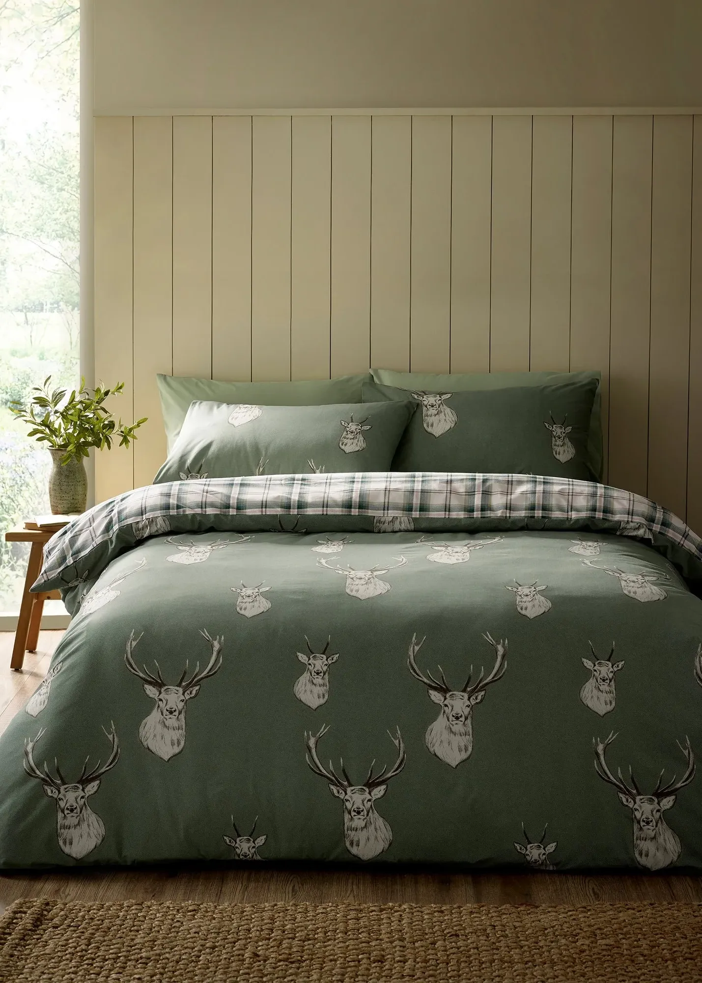 Stag Check Single Reversible Duvet Cover Set - Green product