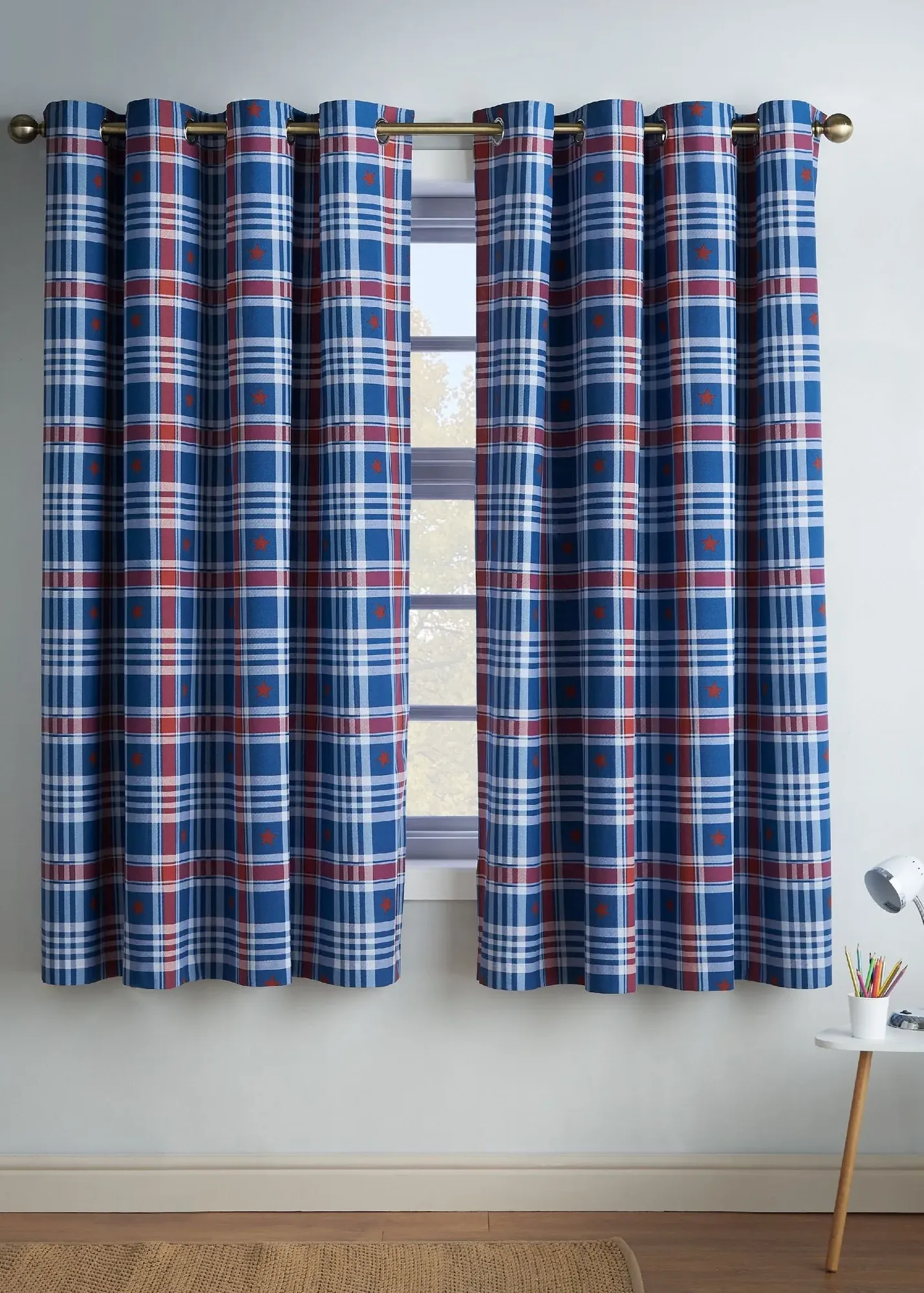 Stars and Check Fully Reversible Eyelet Curtains - Blue, Polyester product