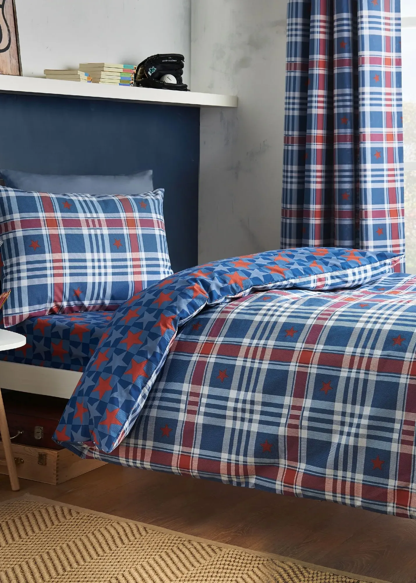 Stars & Check Reversible Single Duvet Cover Set - Blue product