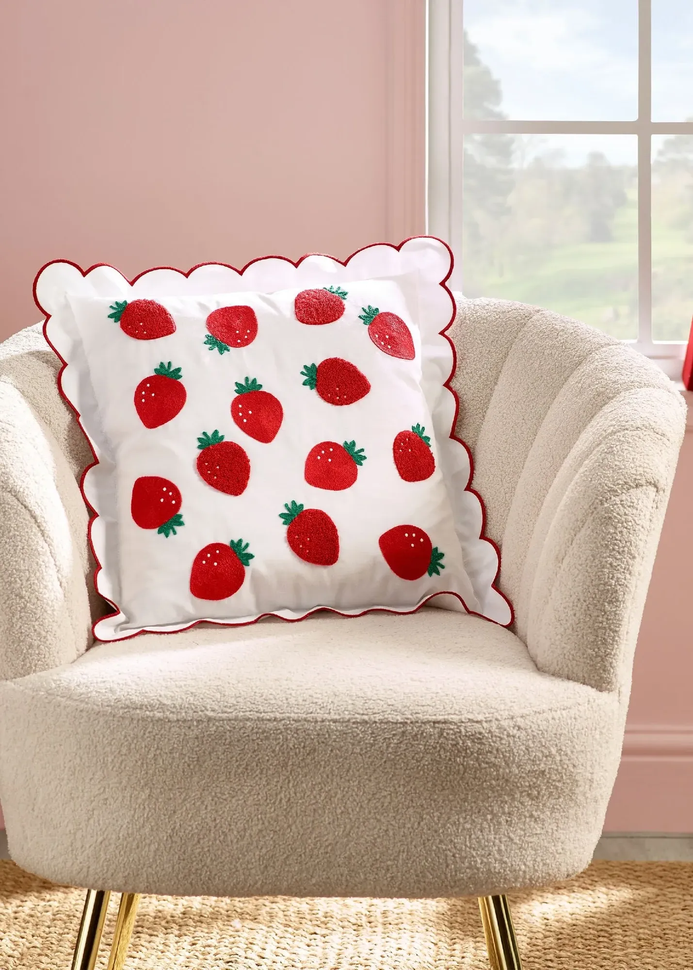 Strawberry Embroidered Square Cushion - Red, Polyester product
