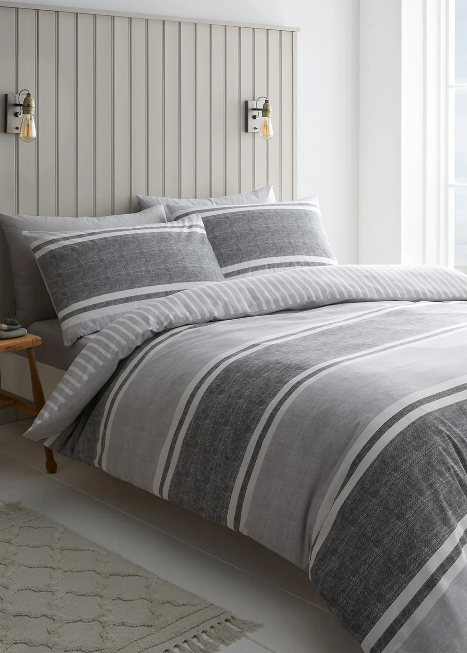 Textured Banded Stripe Reversible Single Duvet Cover Set - Grey product