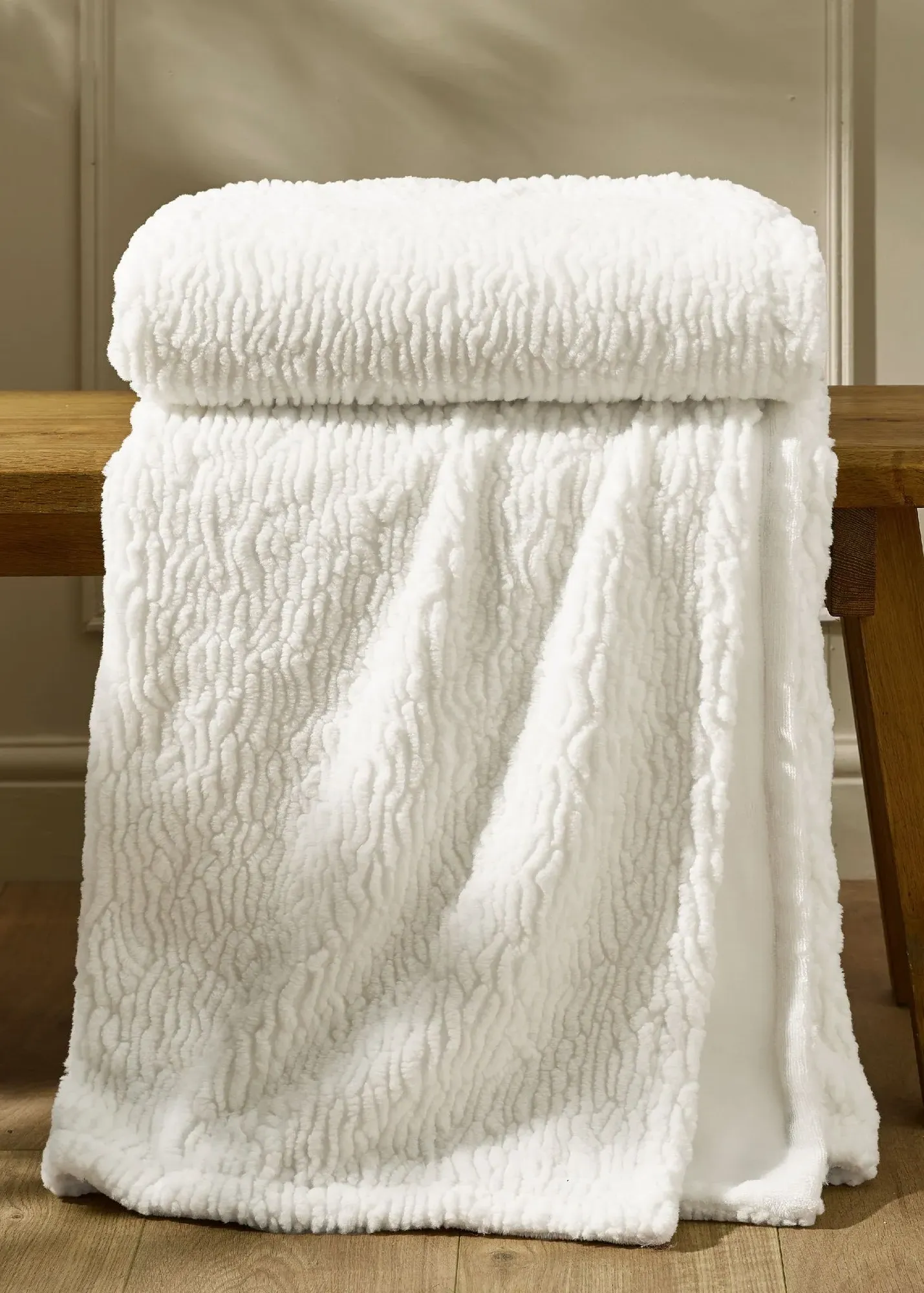 Textured Wave Faux Fur Blanket Throw - Cream, Polyester product
