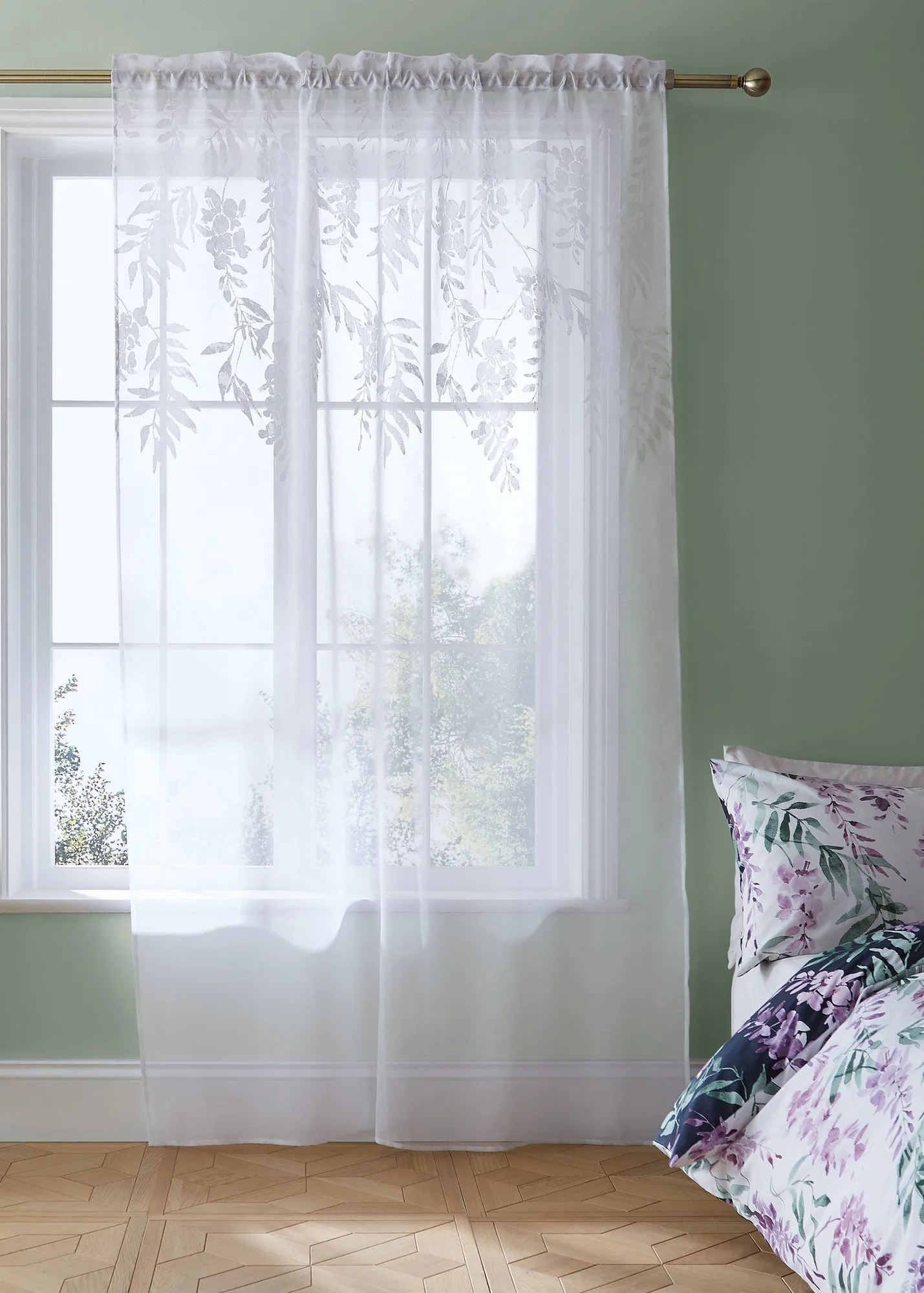 Wisteria Floral Slot Top Voile Curtain Panel - White, Polyester product