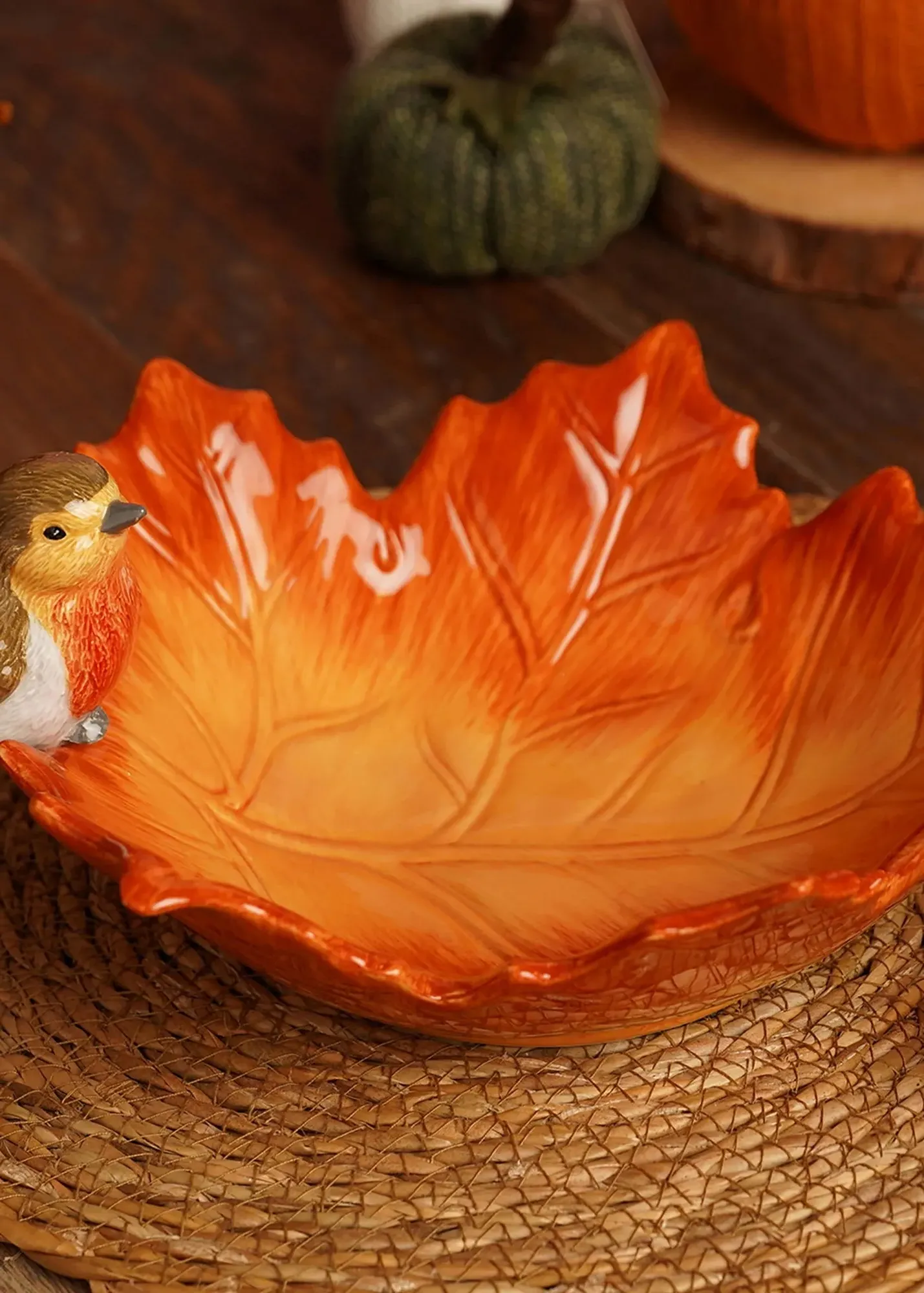 Robin On A Leaf Serving Bowl - Orange, Ceramic product
