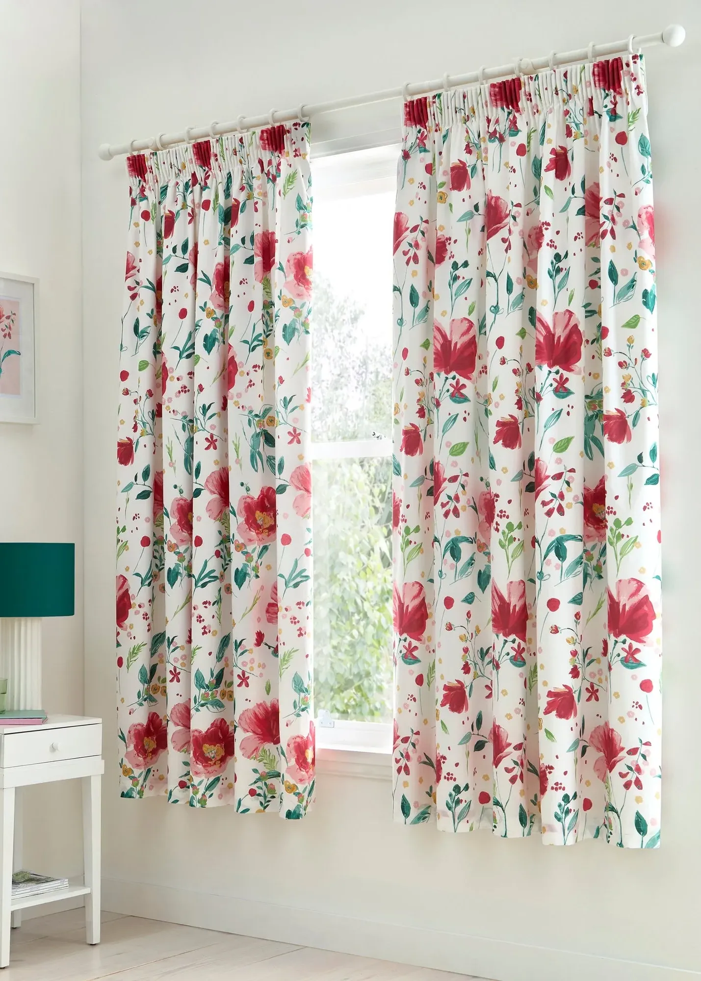 Abstract Poppy Pencil Pleat Curtains - Red, Cotton Blend product